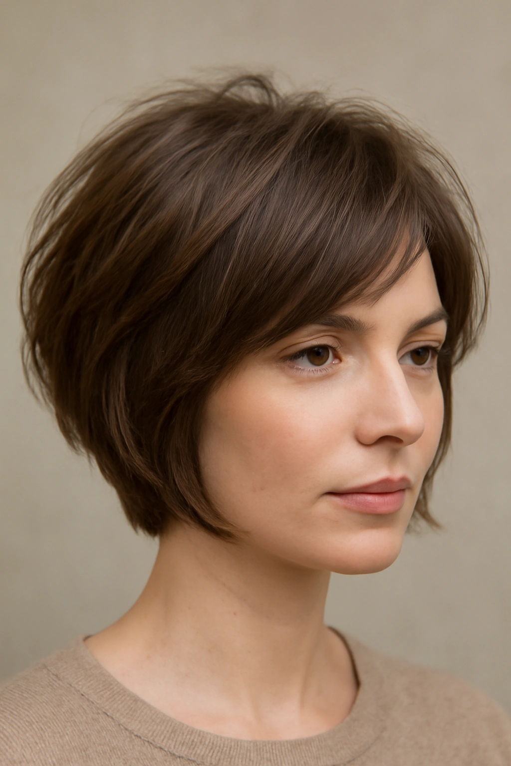 Layered Short Bob close-up showing layered haircut for thin fine hair, studio lighting