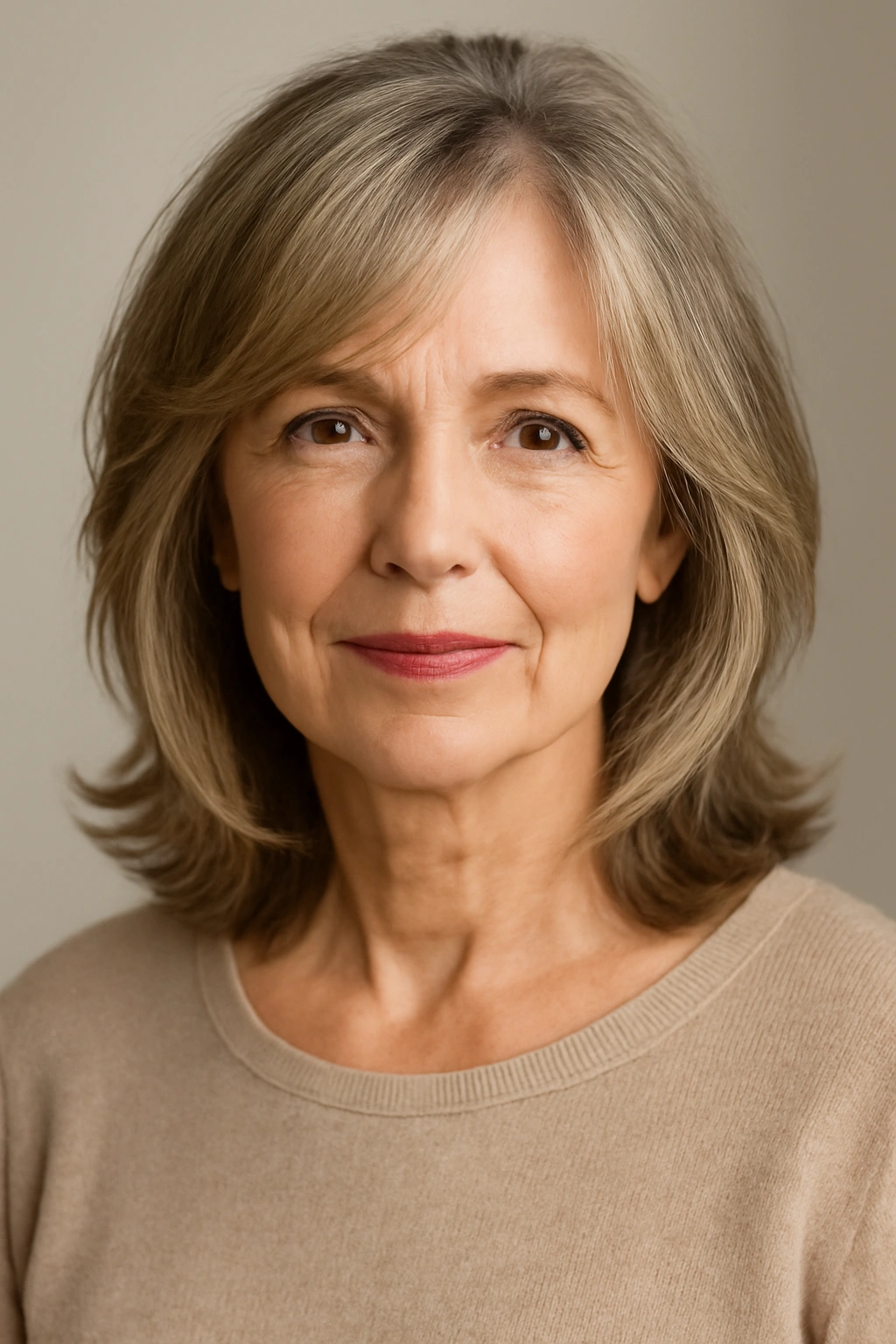 Mature woman with layered shoulder-length cut adding texture and volume