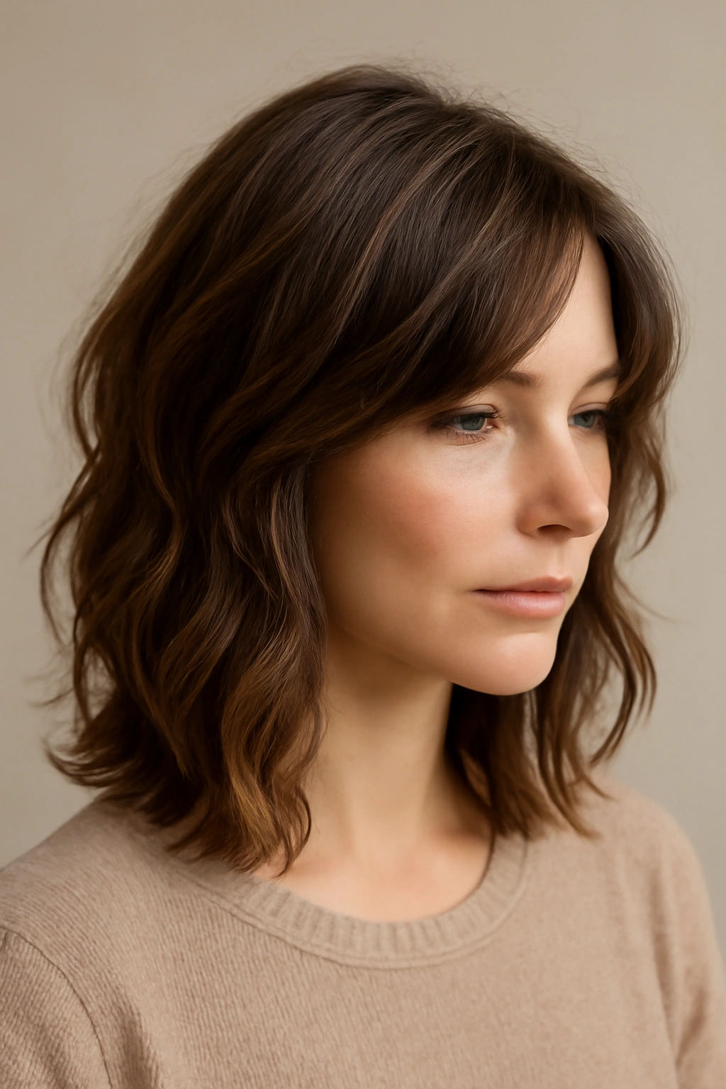 Close-up of shoulder-length layered wavy lob hairstyle with prominent waves and texture.