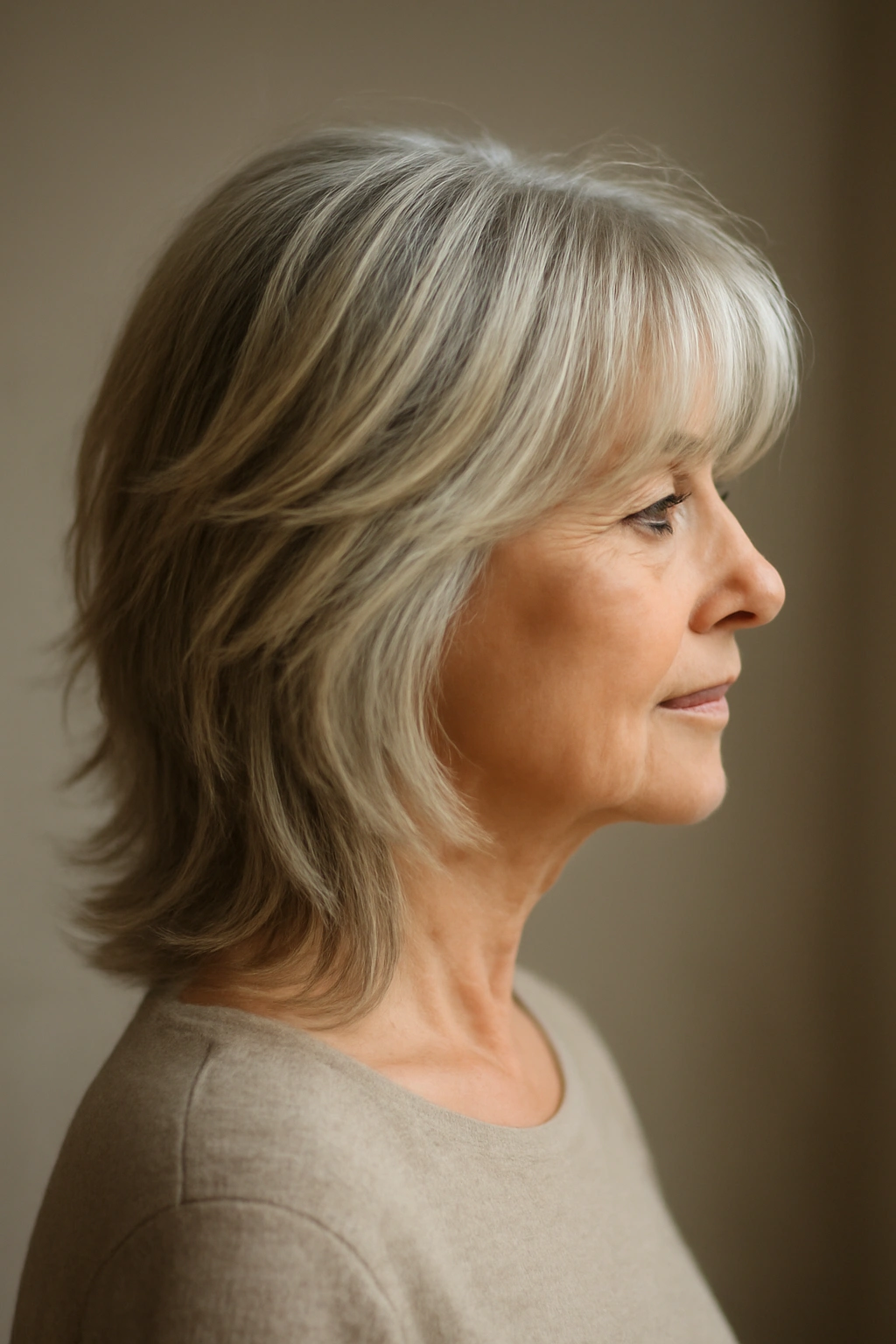 Side-profile of layered hair with wispy bangs framing the face