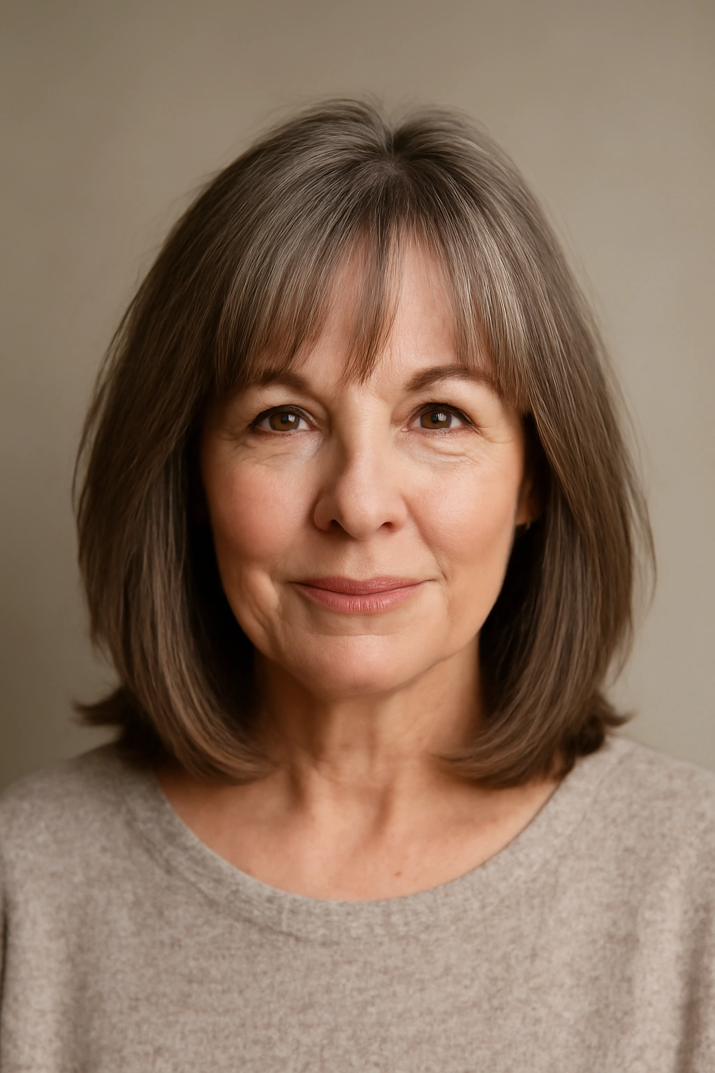 Portrait of a mature woman with a long bob and curtain bangs in a studio setting