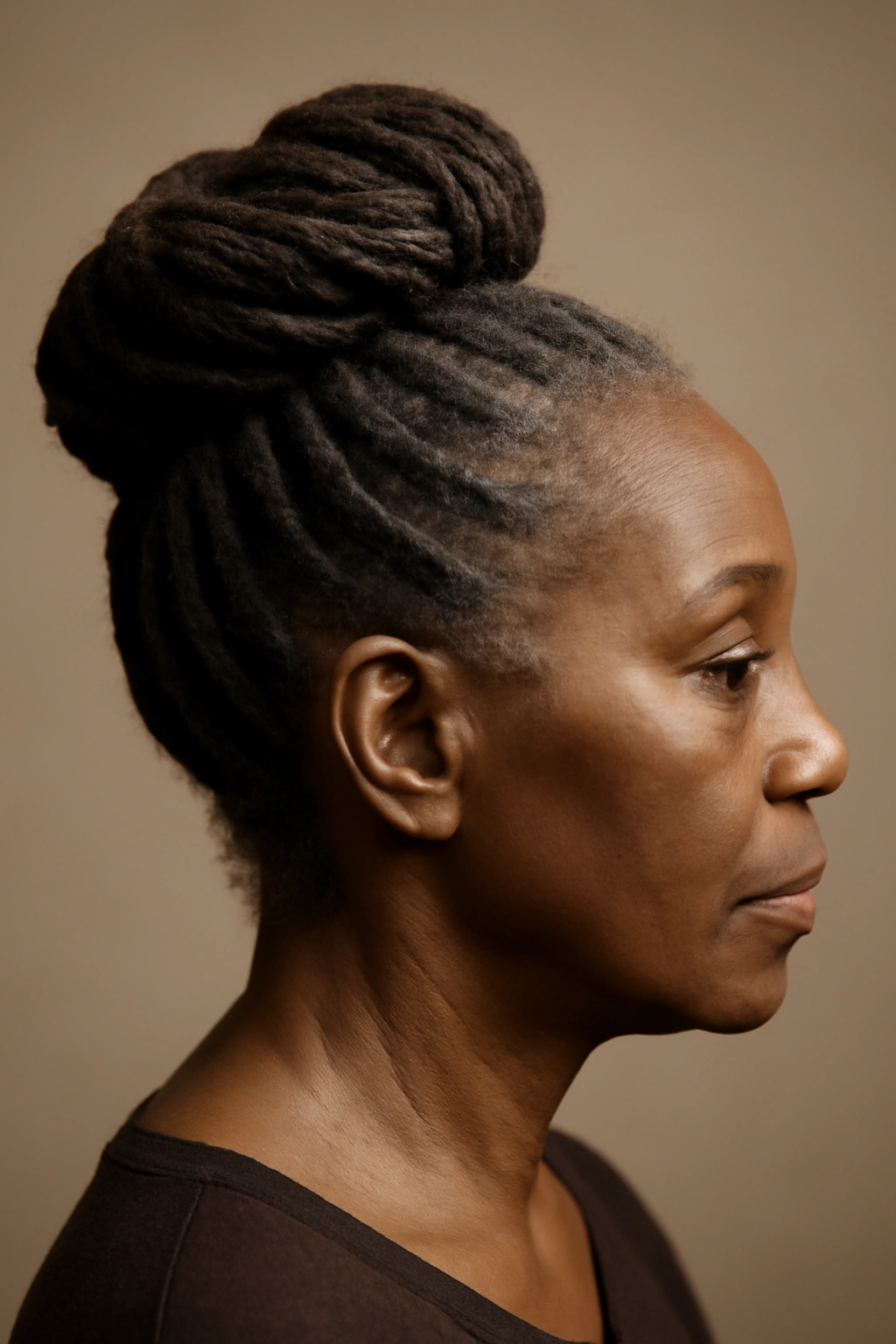 Close-up of a loc bun with pronounced loc texture.