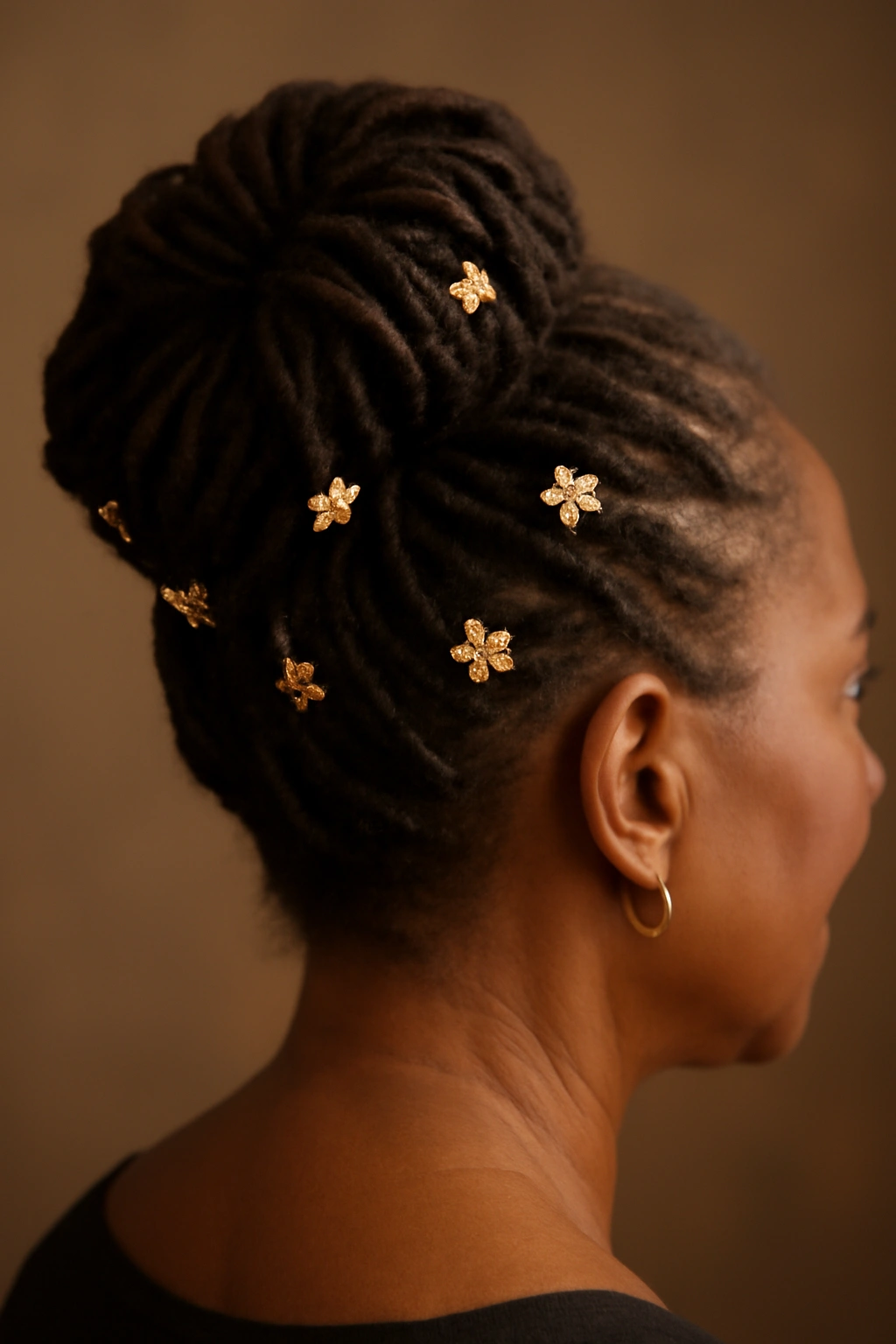 Loc updo adorned with gold cuffs and flowers