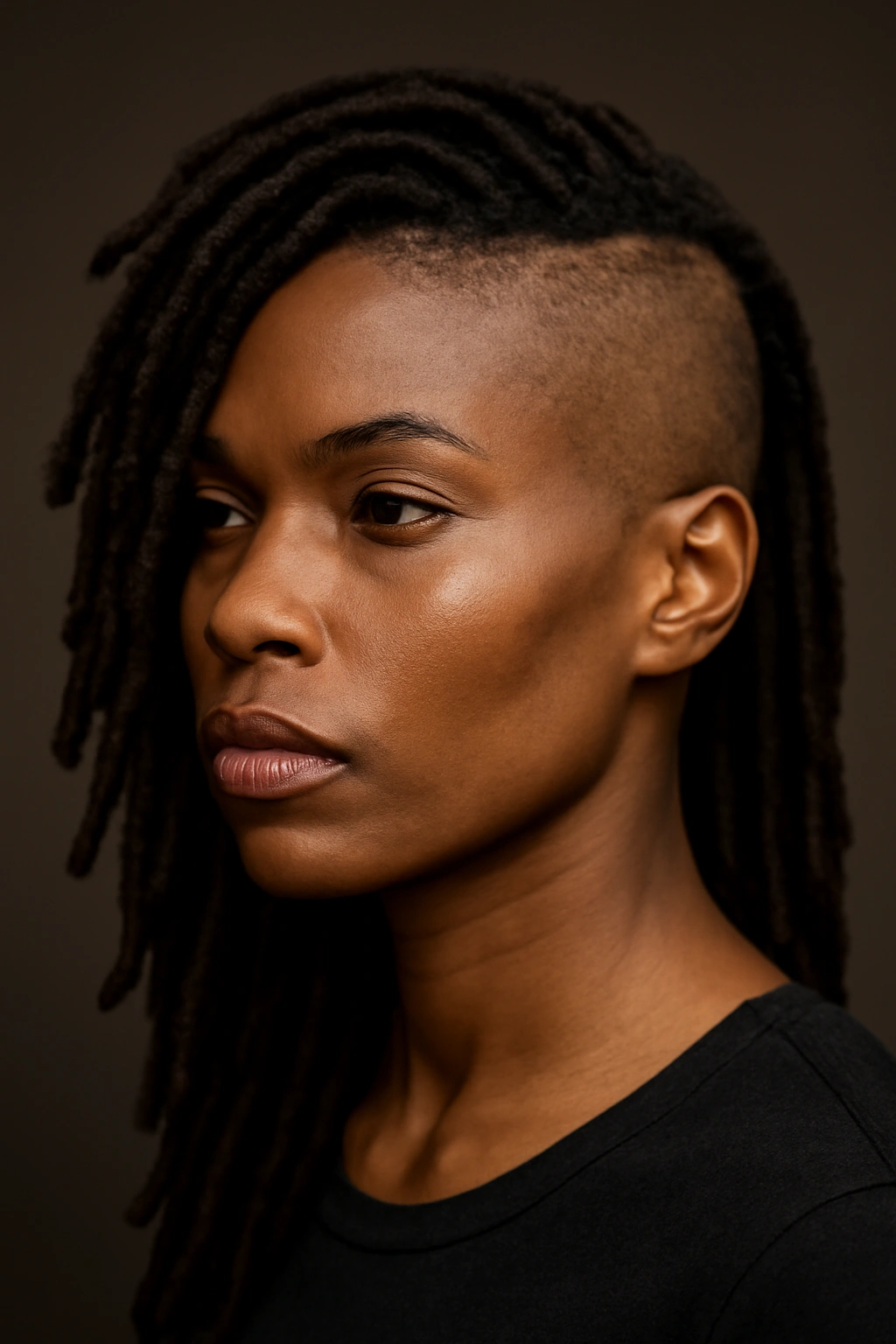 Close-up of locs with shaved side, regal silhouette and contrast