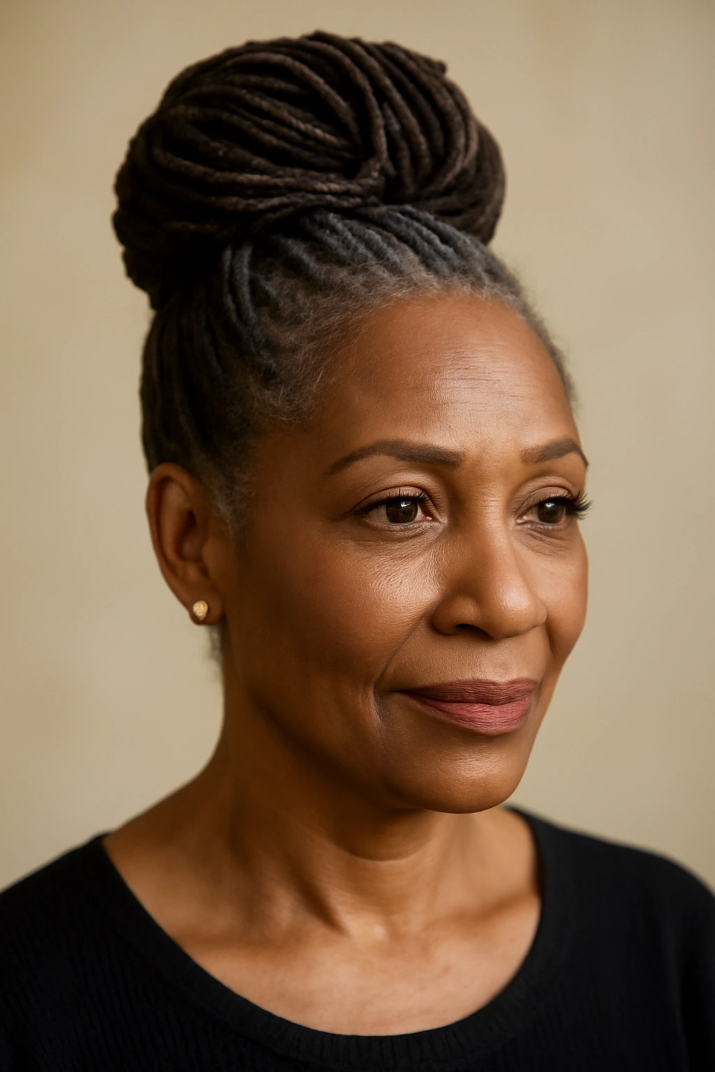 Portrait of a Black woman with a loc'd updo in an elegant updo.