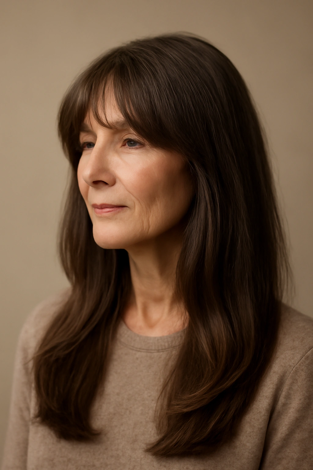 Portrait of long hair with curtain bangs framing the face in a flowing, glossy style
