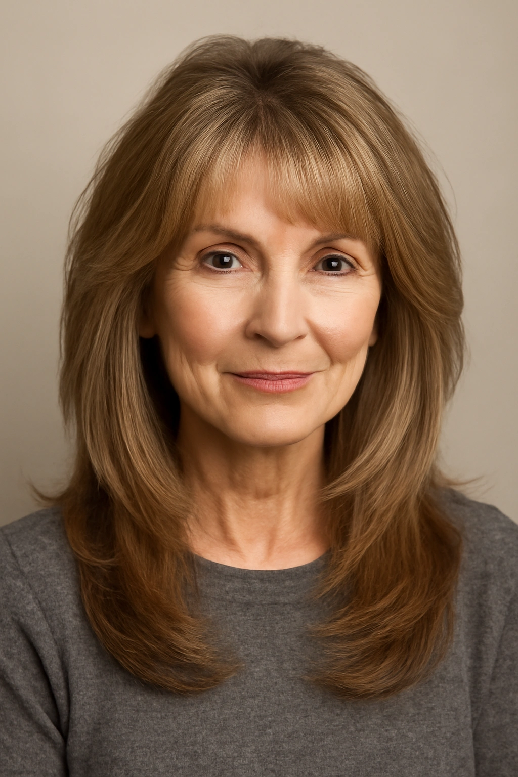 Portrait of a mature woman with long layered hair and feathered bangs in studio lighting.