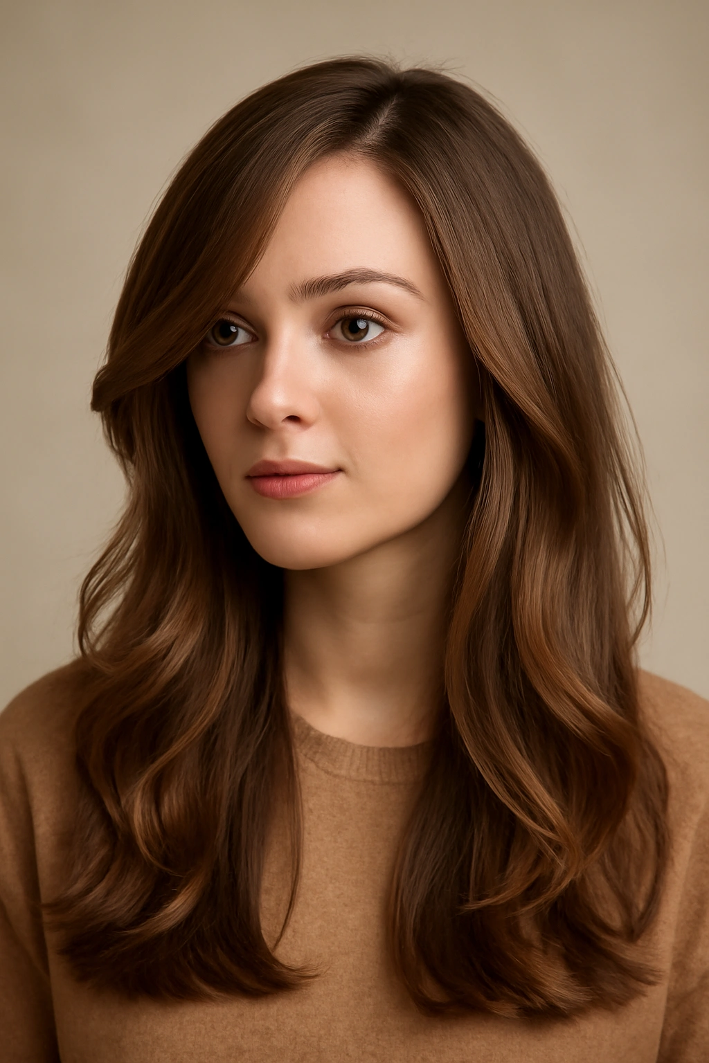 Full-head portrait of long layered hair with a side part and loose waves