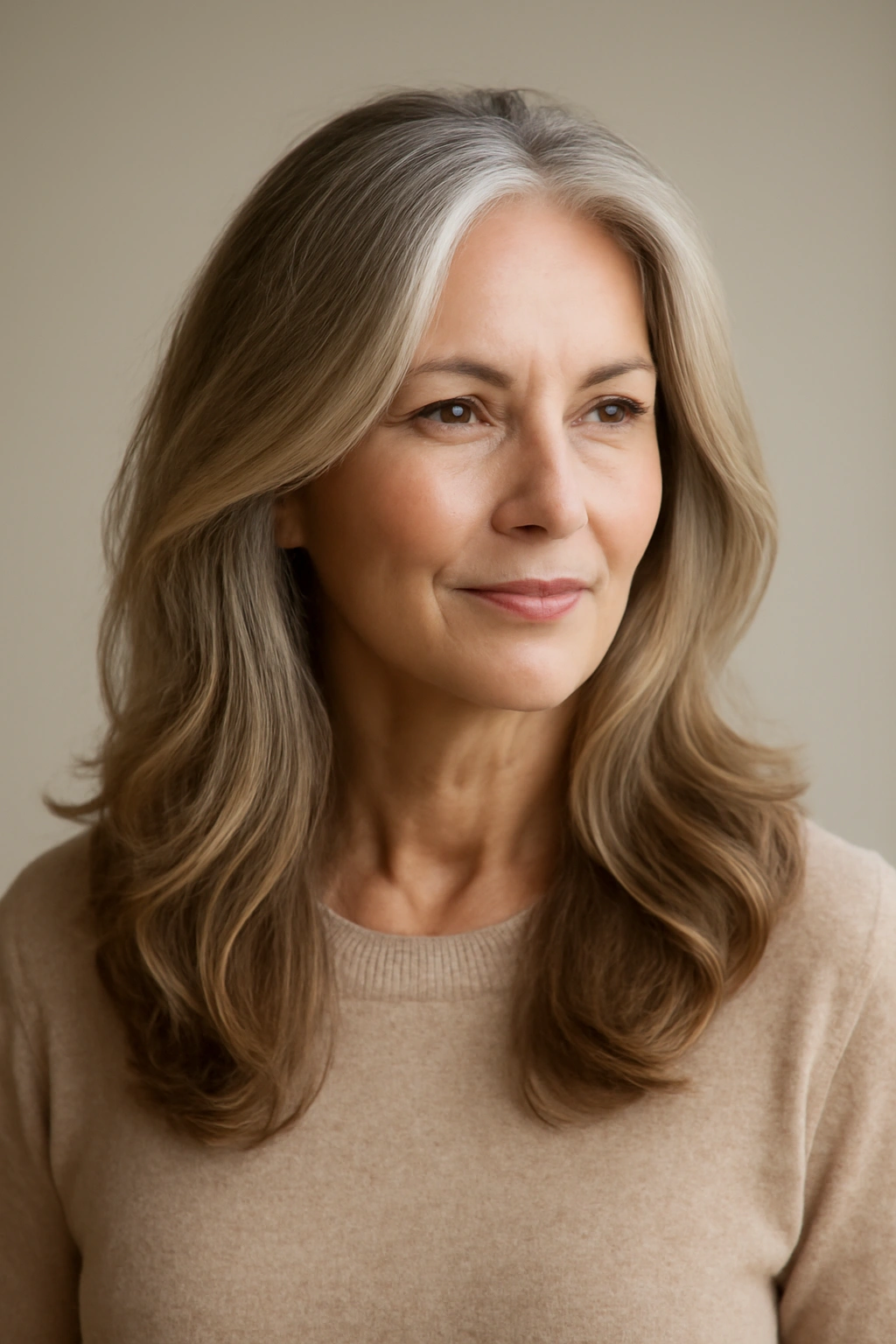 Mature woman with long layered hair and soft waves