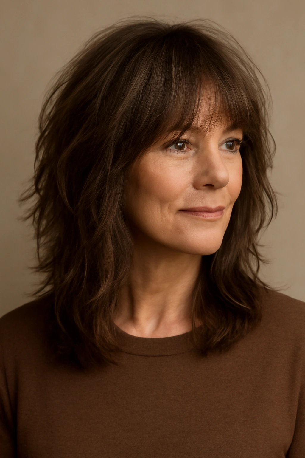 Portrait of a woman with shoulder-length long shag showing textured layers and movement