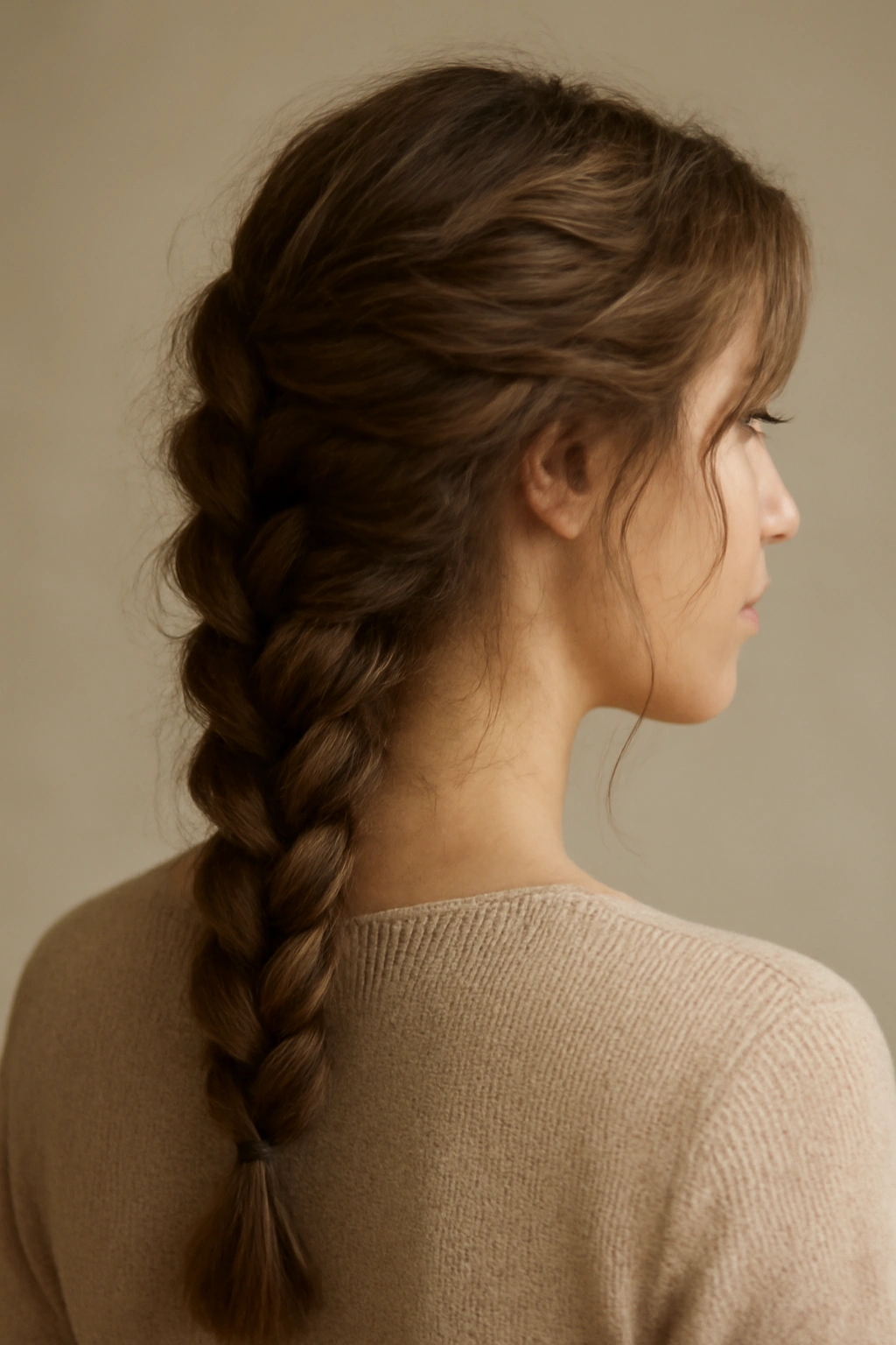 Loose French braid on fine wavy hair showing texture and softness