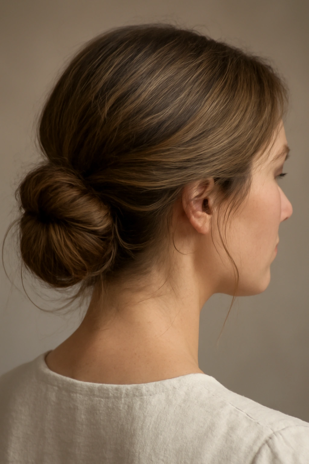 Loose low bun with soft, loose strands at the nape.