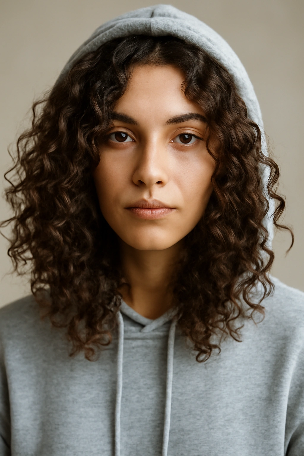 Close-up portrait of loose natural curls framing the face