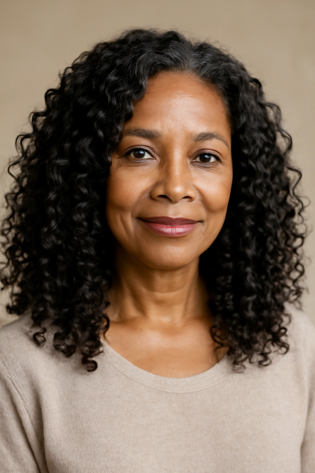Loose natural curls on a mature Black woman's hair