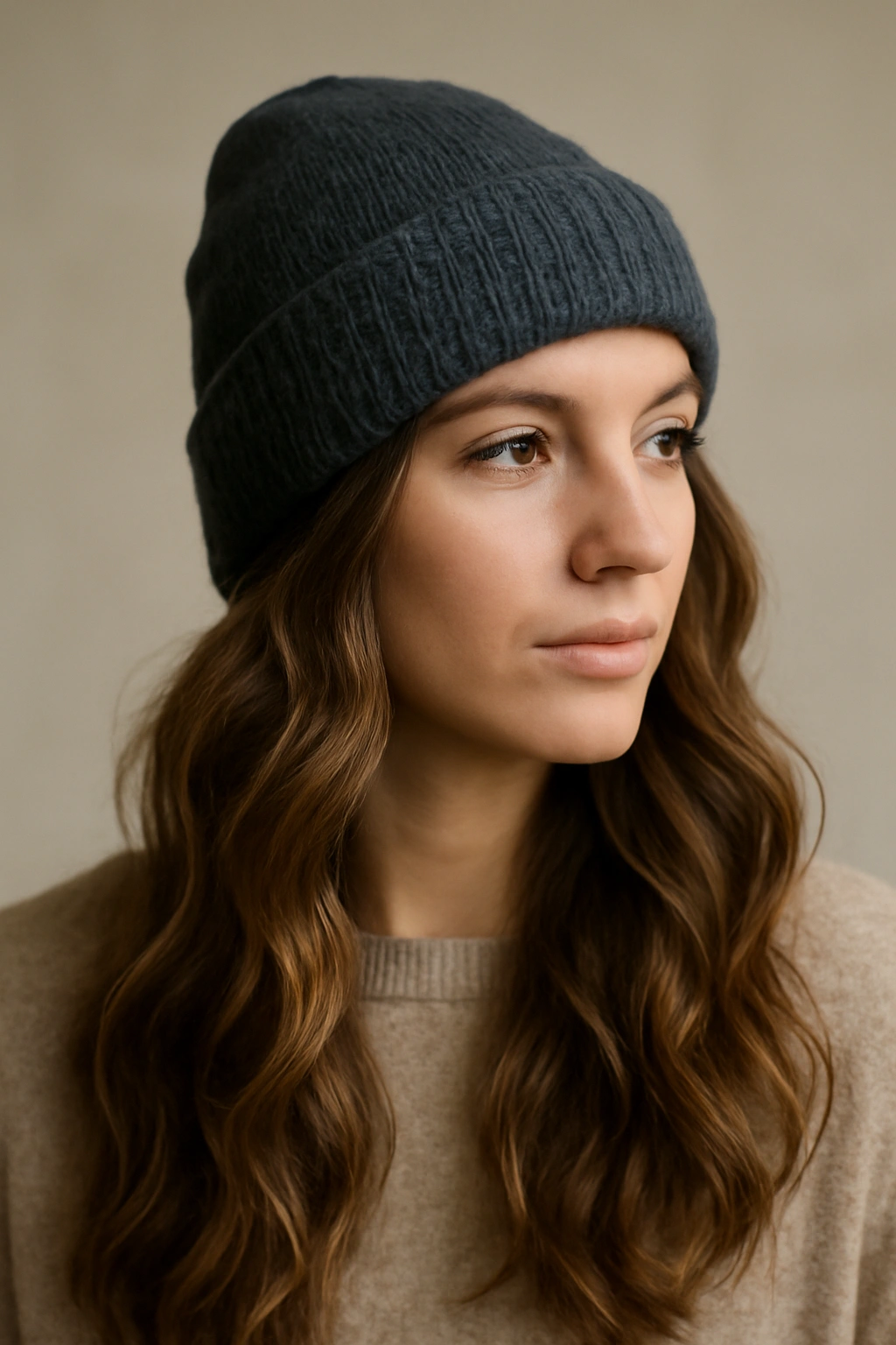 Loose waves under beanie cascading over shoulders