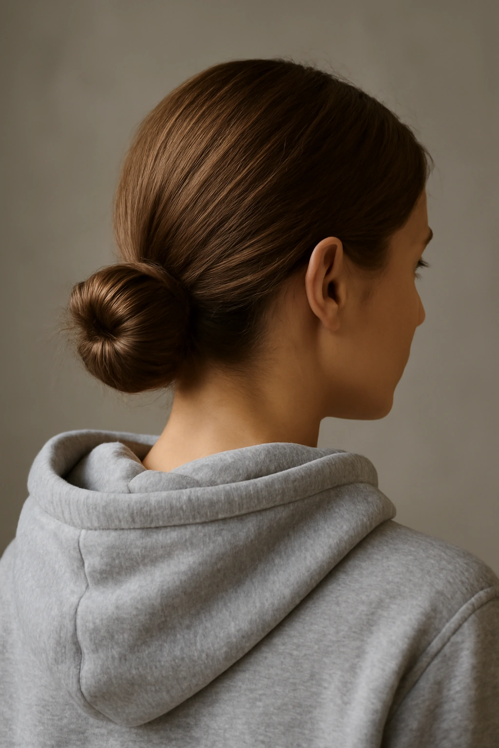 Low bun at nape of neck under hoodie
