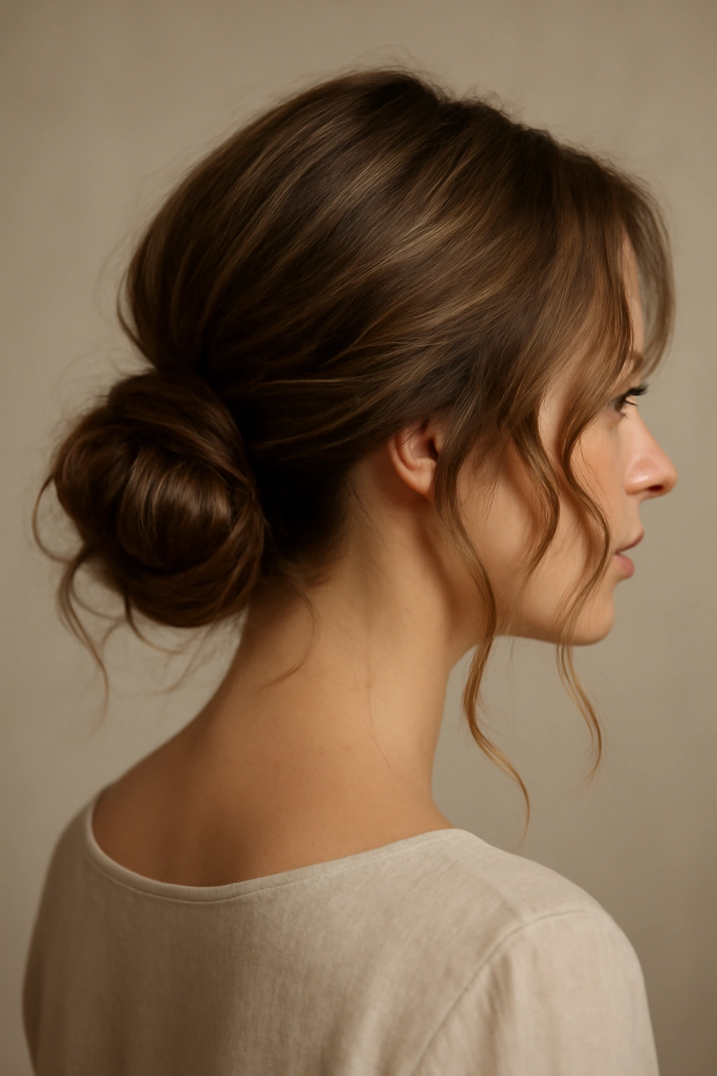 Low bun with loose wavy pieces around the face