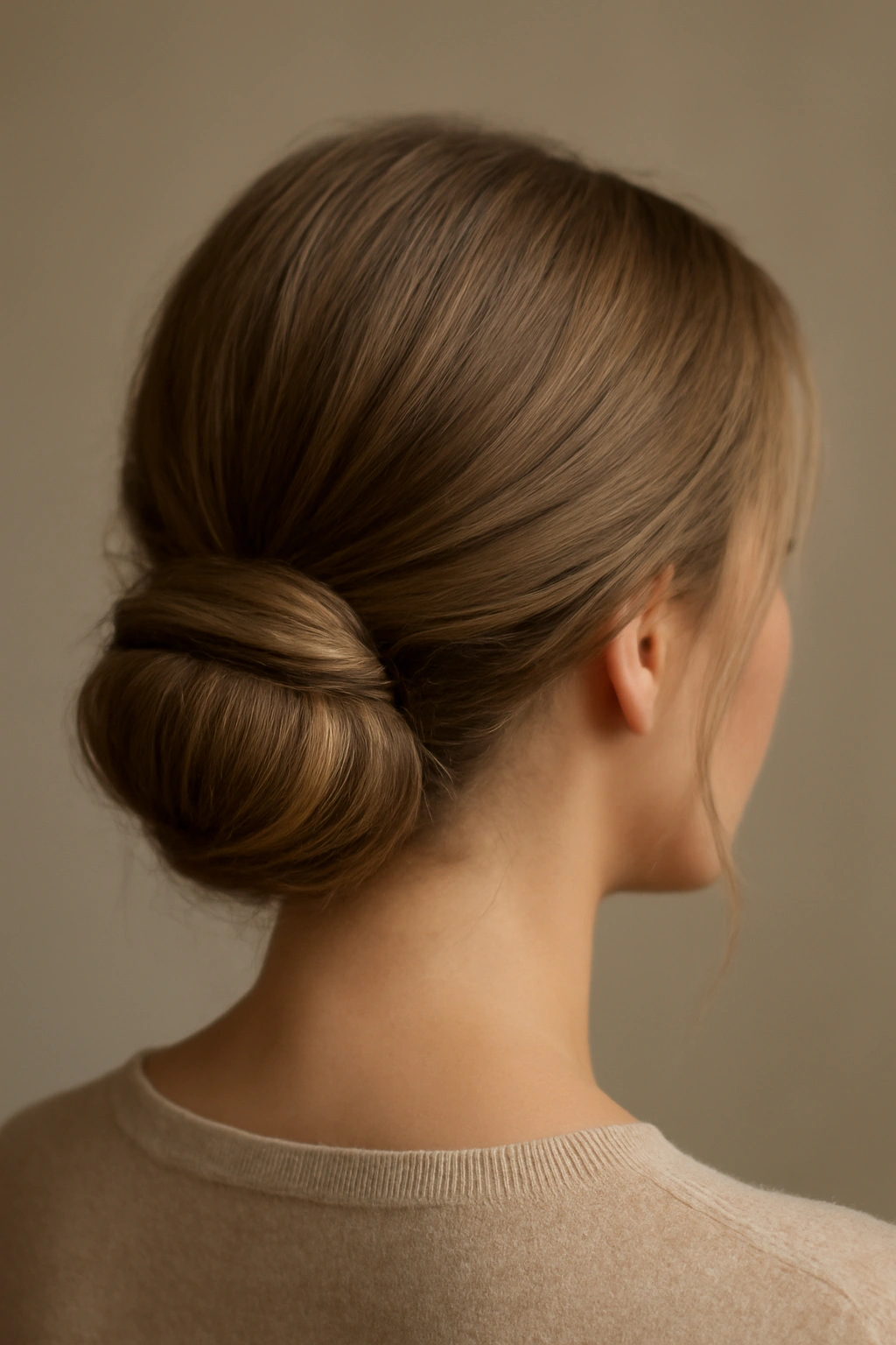 Low chignon bun at the nape with delicate face-framing pieces