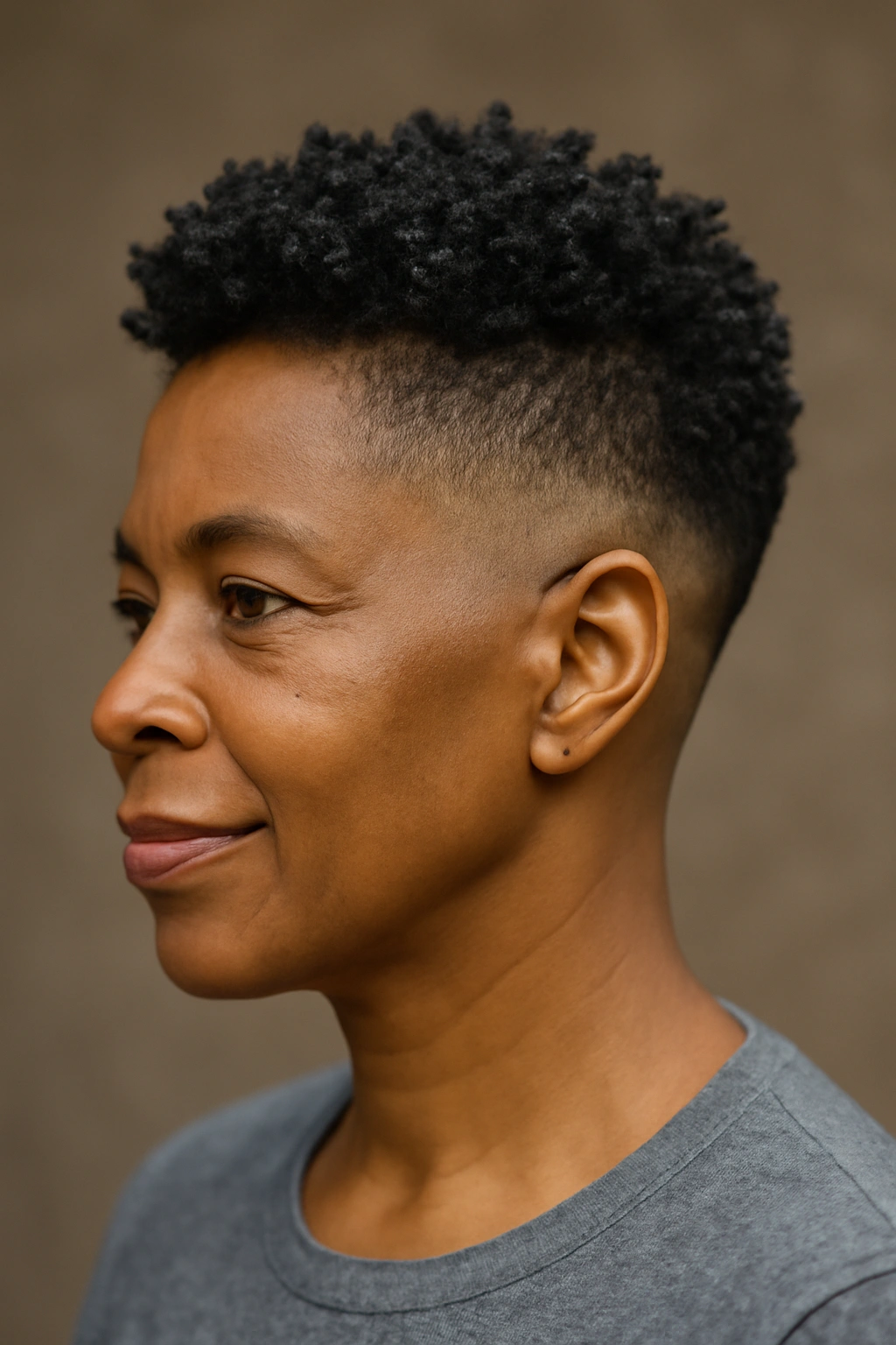 Older Black woman with low fade and natural coils in studio portrait