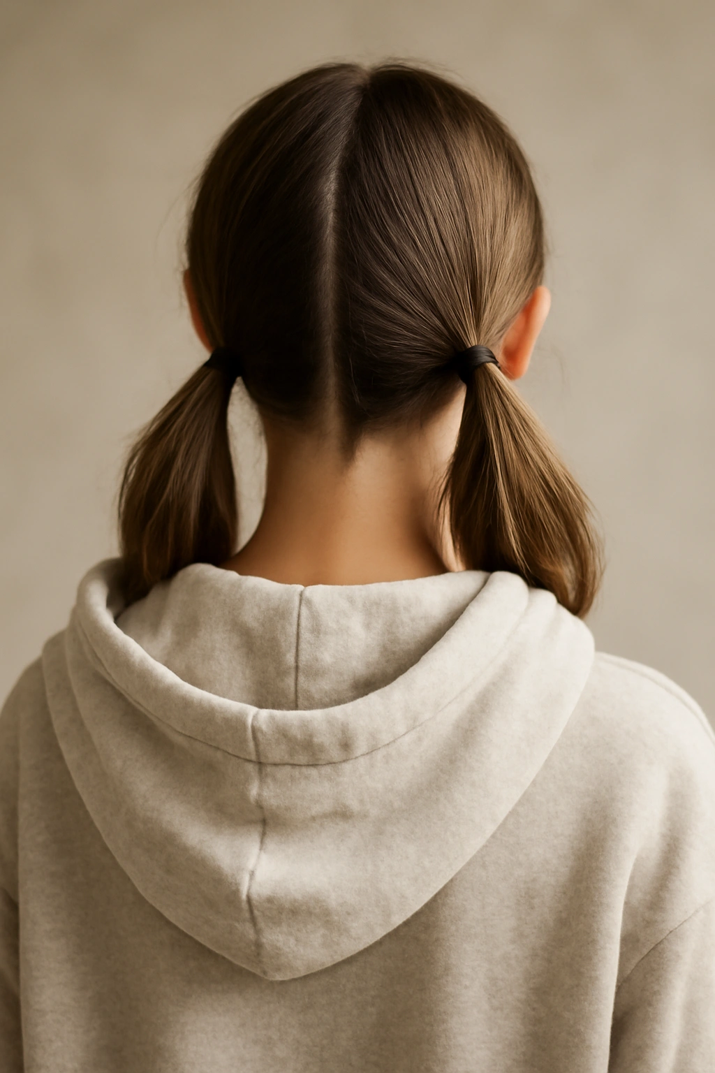 Two symmetrical low pigtails with hoodie down