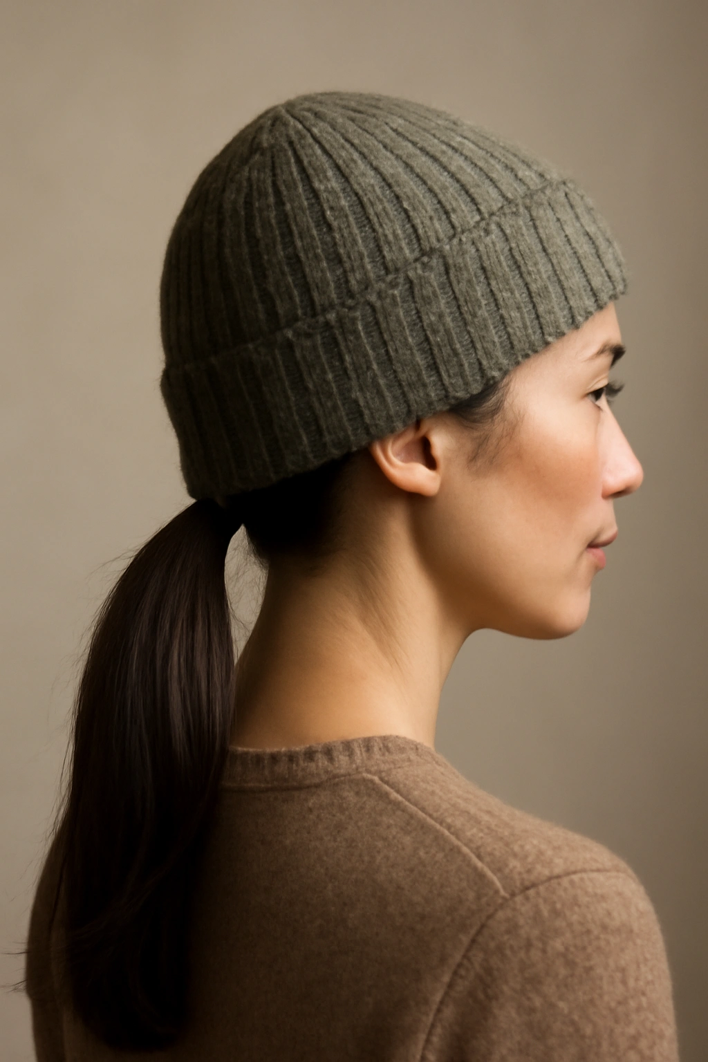 Low ponytail under beanie, neat and polished