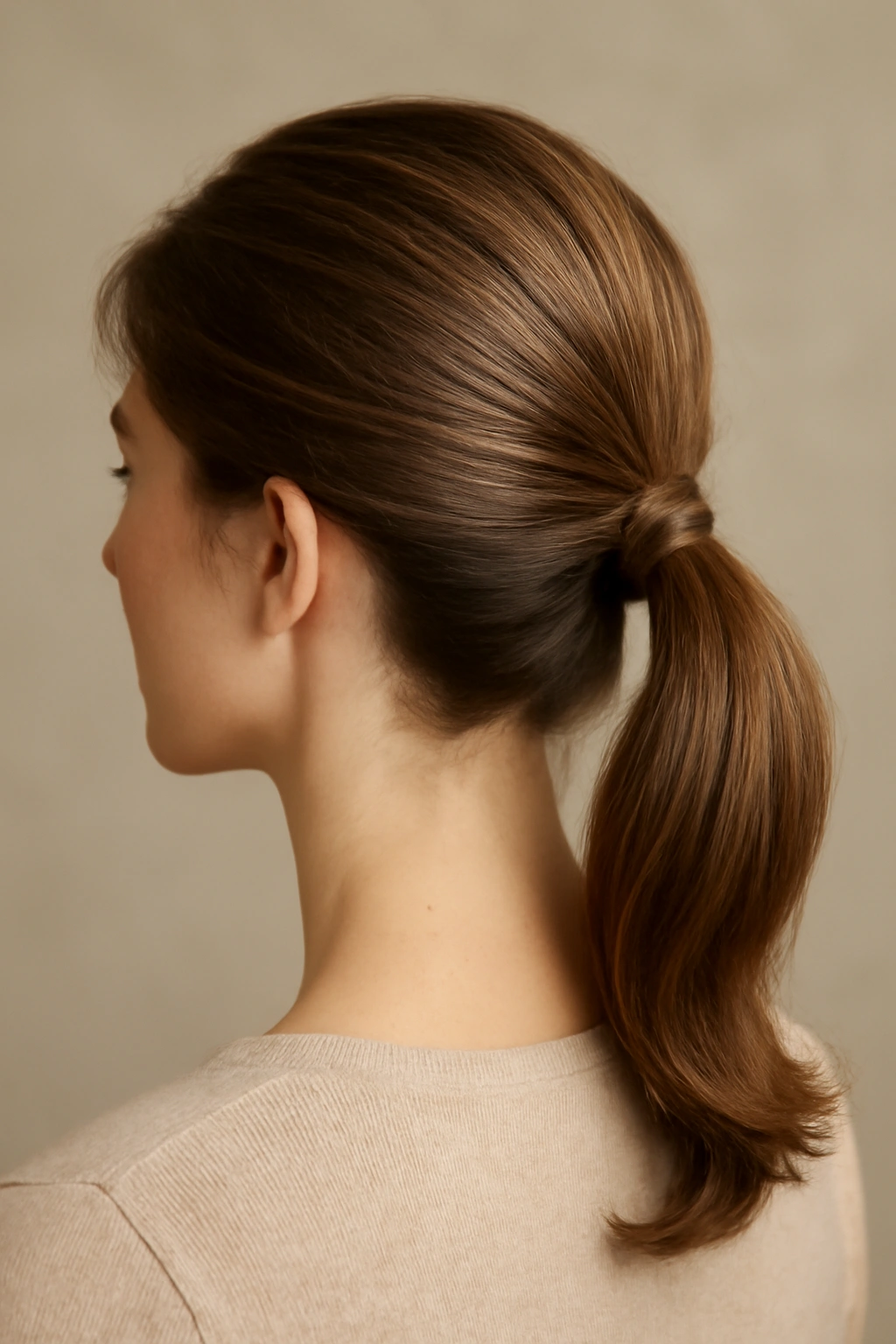 Low ponytail with volume at the crown on fine hair.