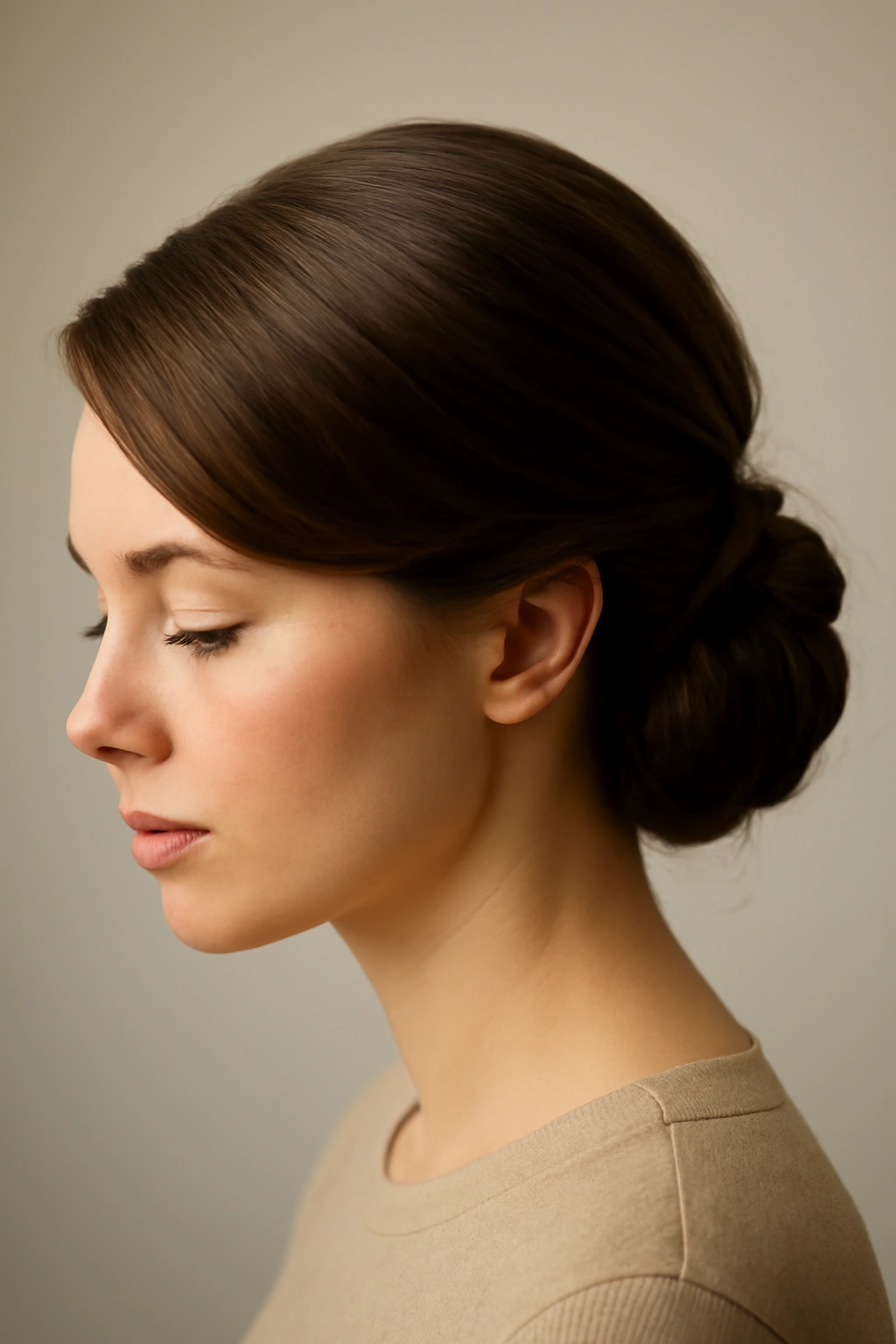 Elegant low side bun with swooped front covering the forehead