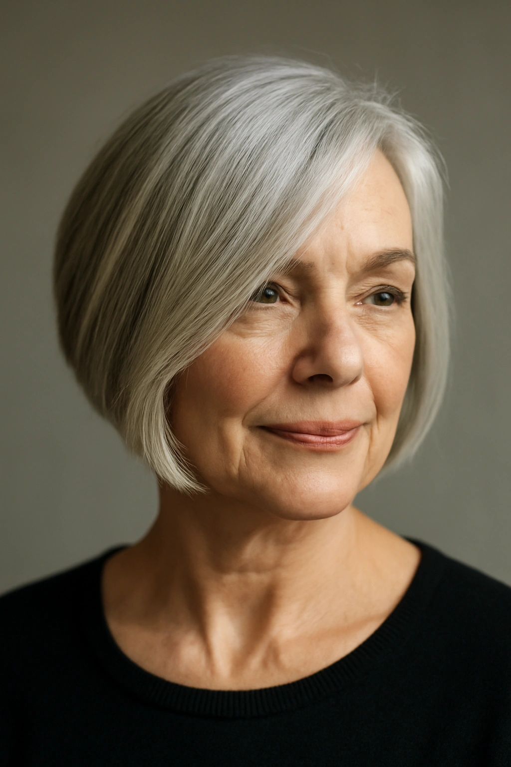 Close-up of medium asymmetrical cut on a mature woman with silver-gray hair, showing the longer and shorter sides.