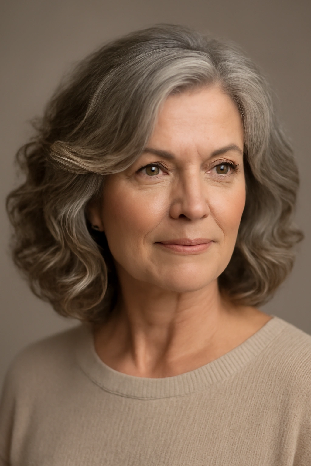 Close-up of medium-length hair with loose curls on a mature woman, showing voluminous curls and silver-gray tones.