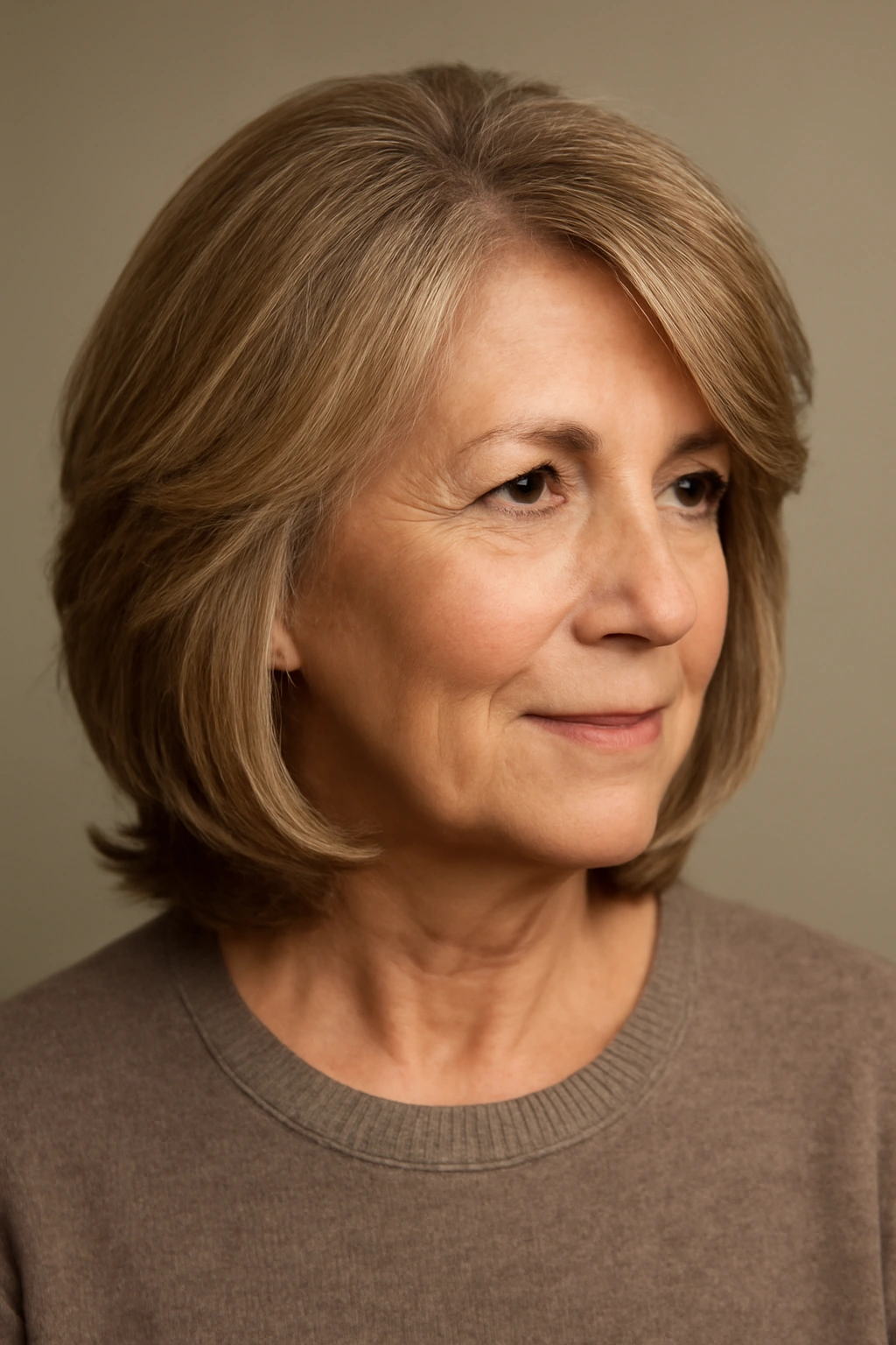 Portrait of a woman over 60 with a medium-length layered hairstyle and deep side part
