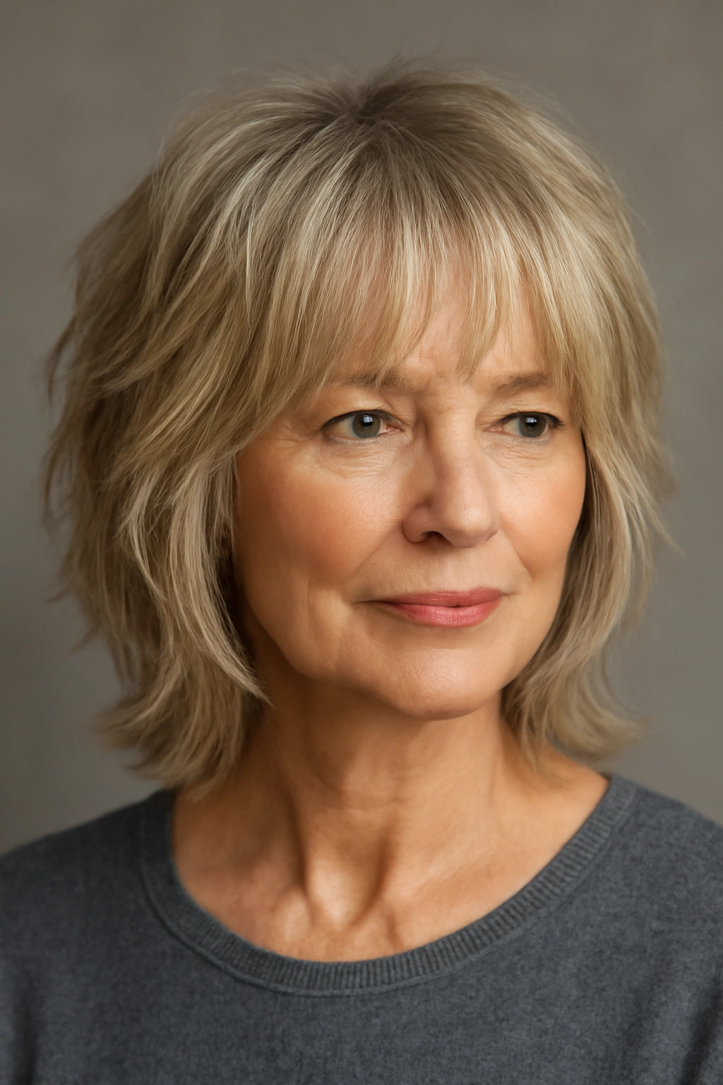 Head-and-shoulders of a woman with a medium shag cut showing textured ends
