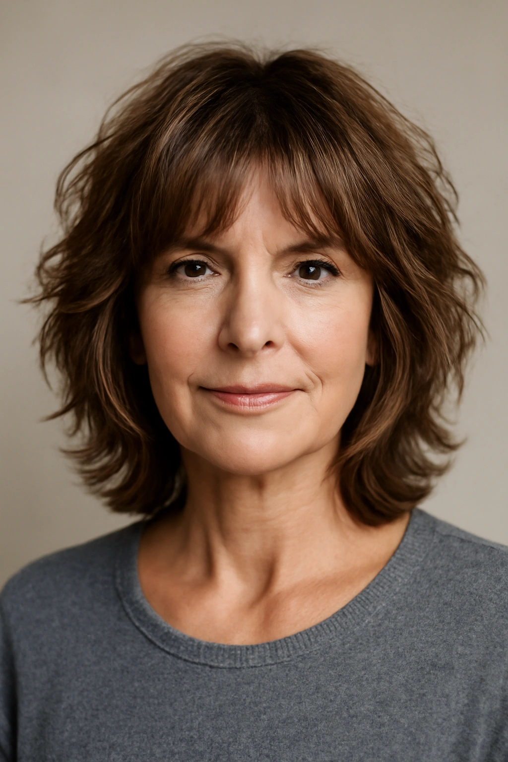 Head-and-shoulders portrait of a woman with a medium shag haircut featuring defined layers