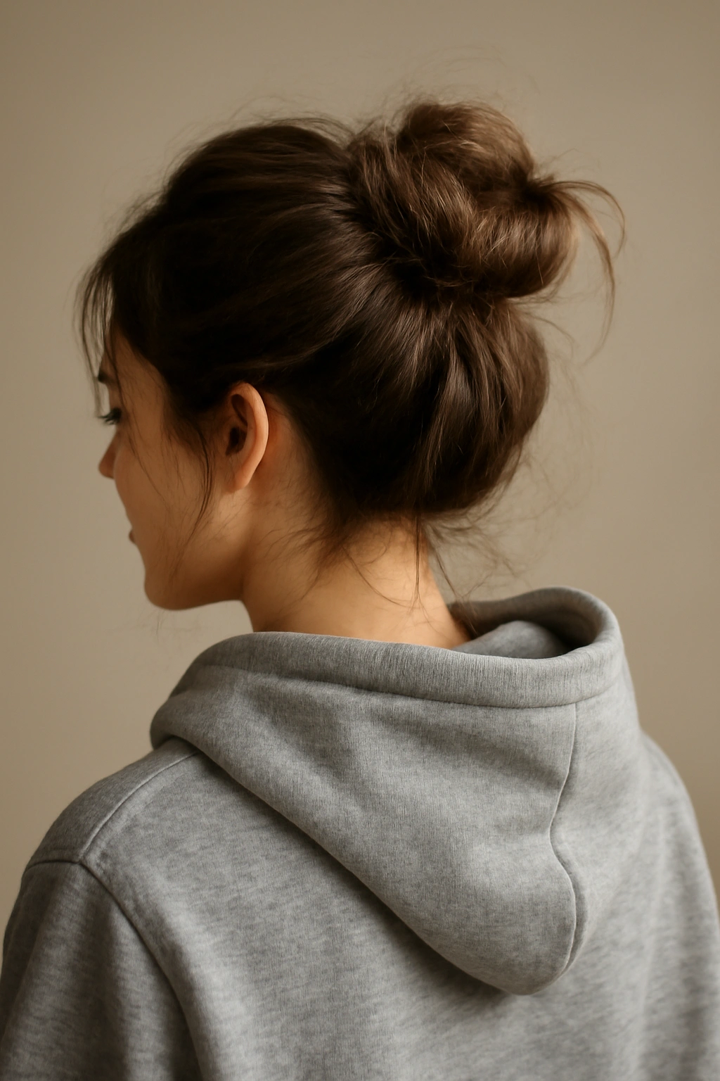 Messy bun at crown under hoodie with wispy strands