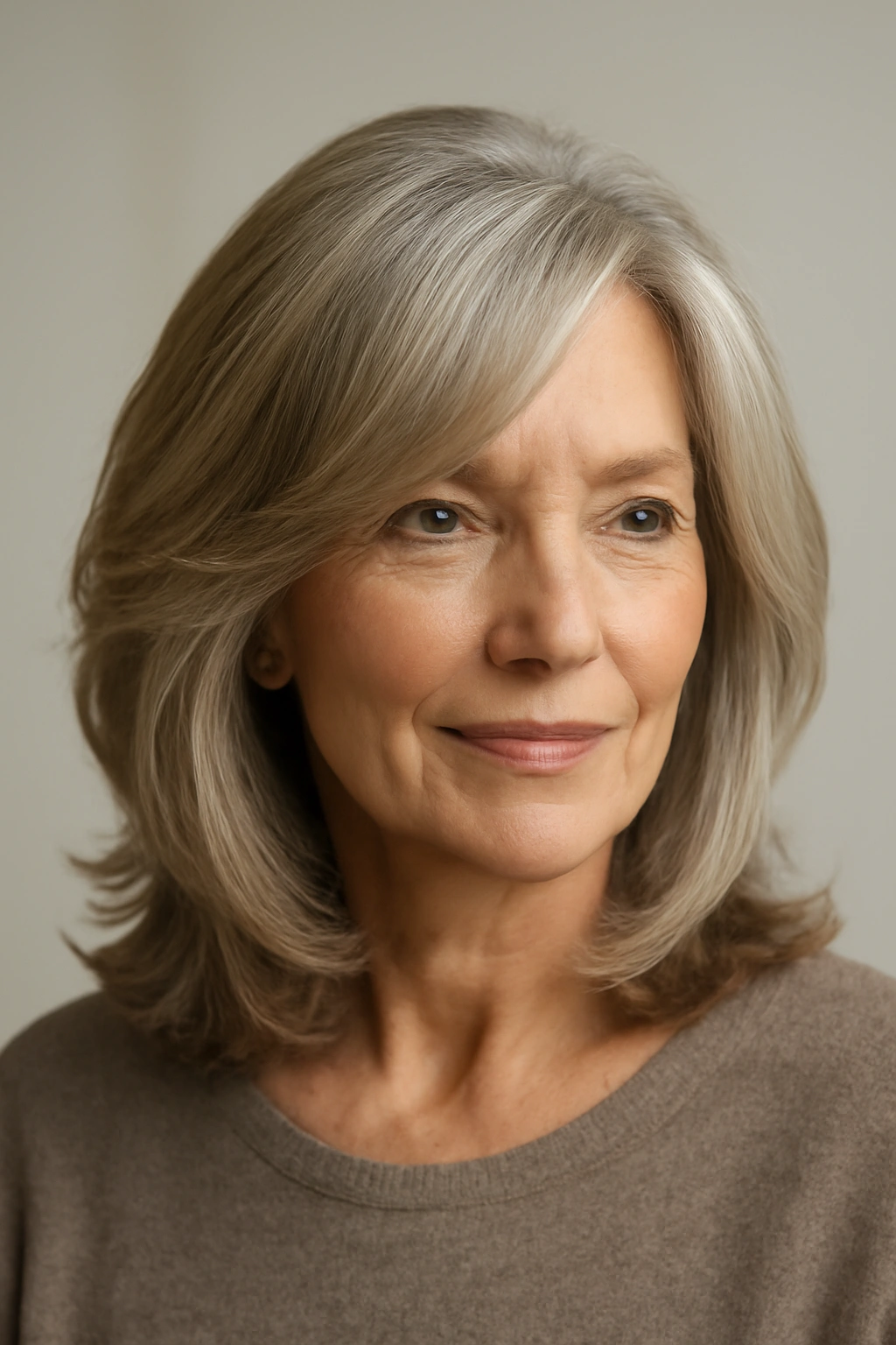 Shoulder-length layered hair with side part and gentle waves