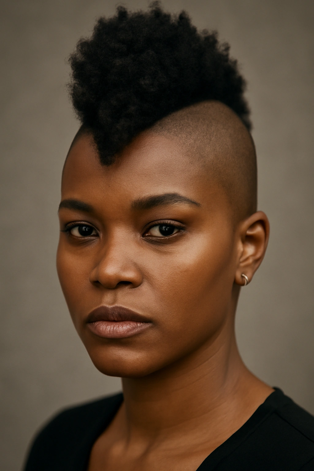 Black woman with an asymmetric Mohawk and shaved side