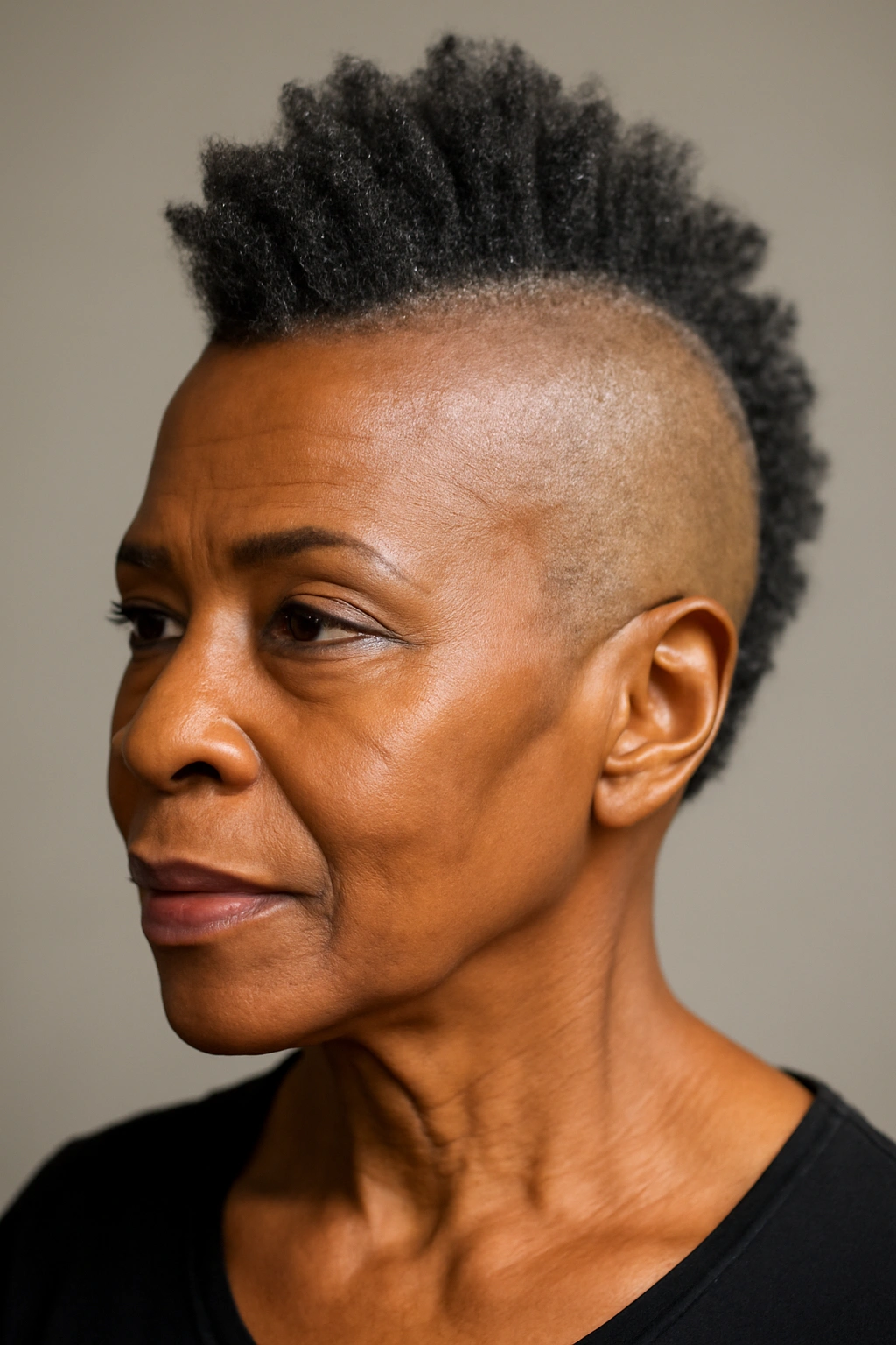 Head-and-shoulders portrait of an older Black woman with a mohawk and shaved sides