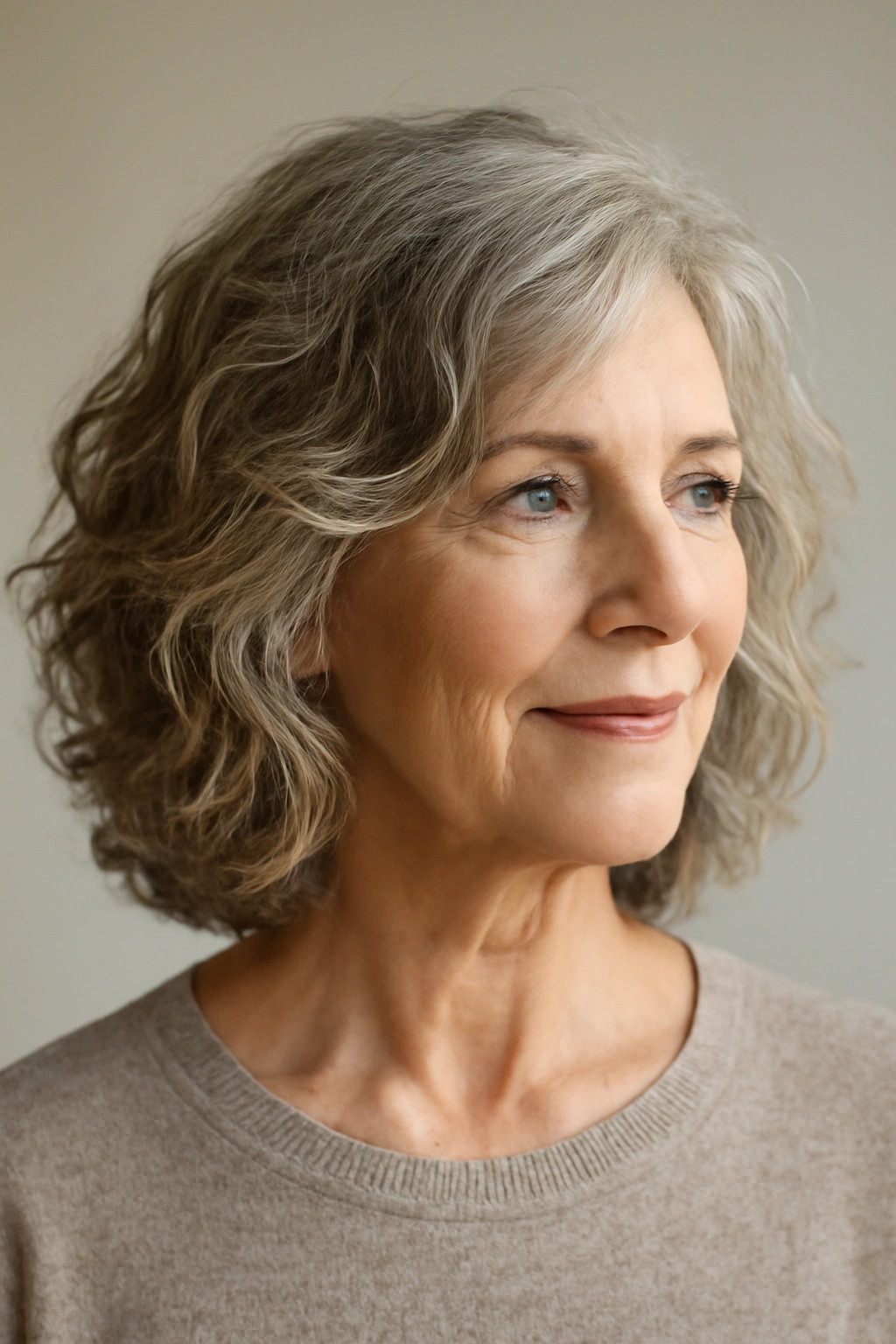 Close-up of natural wave medium cut on a mature woman with thin fine hair and soft waves.