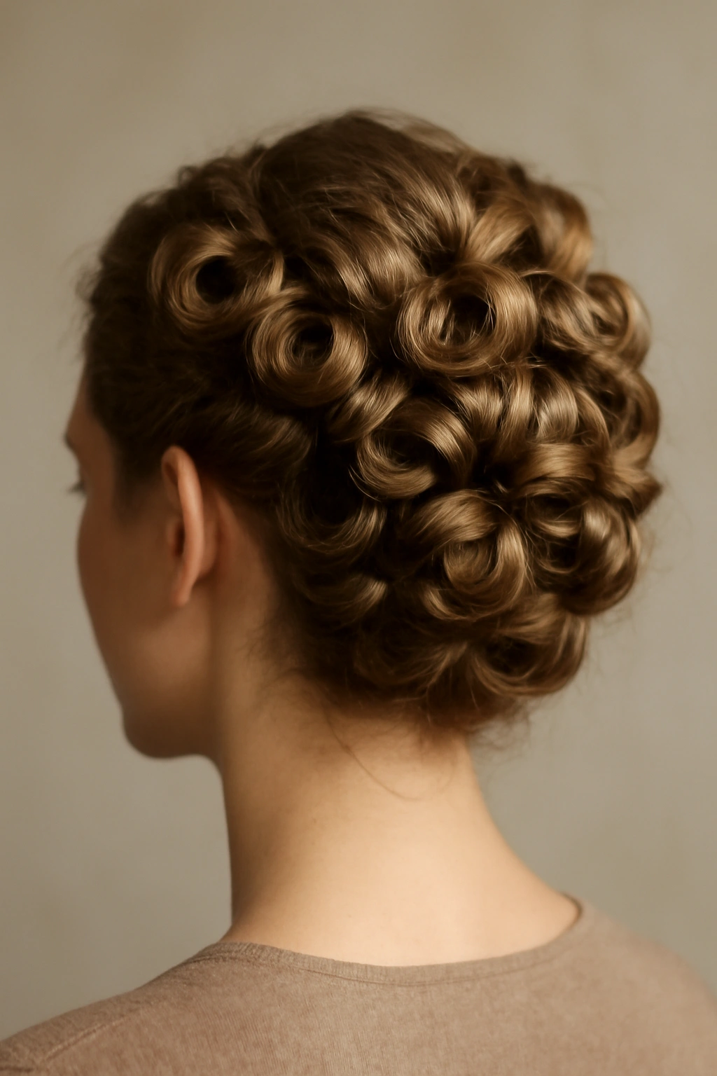 Pin Curl Updo with defined curls pinned against the scalp.