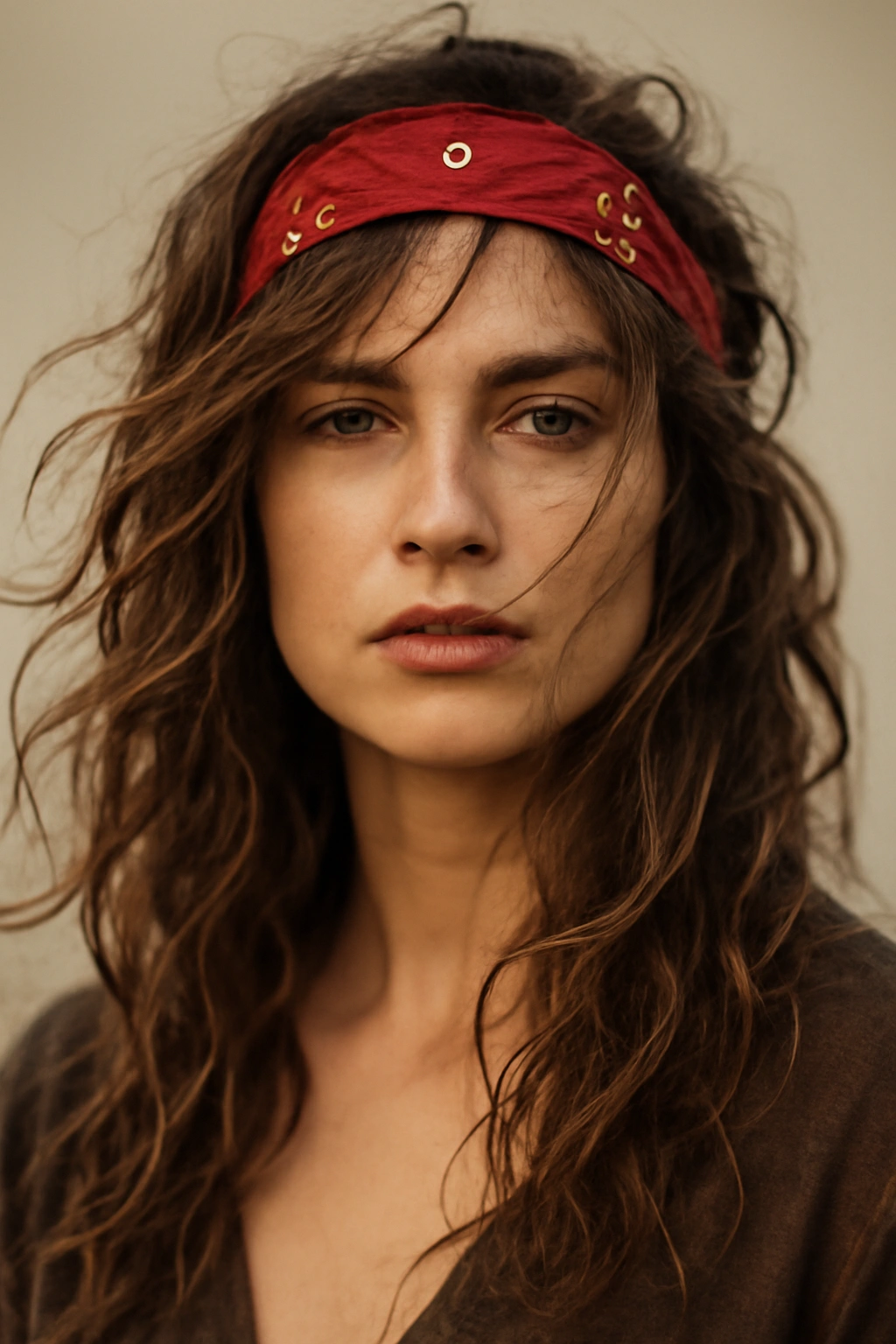 Close-up of a pirate-style messy waves with a bandana hairstyle