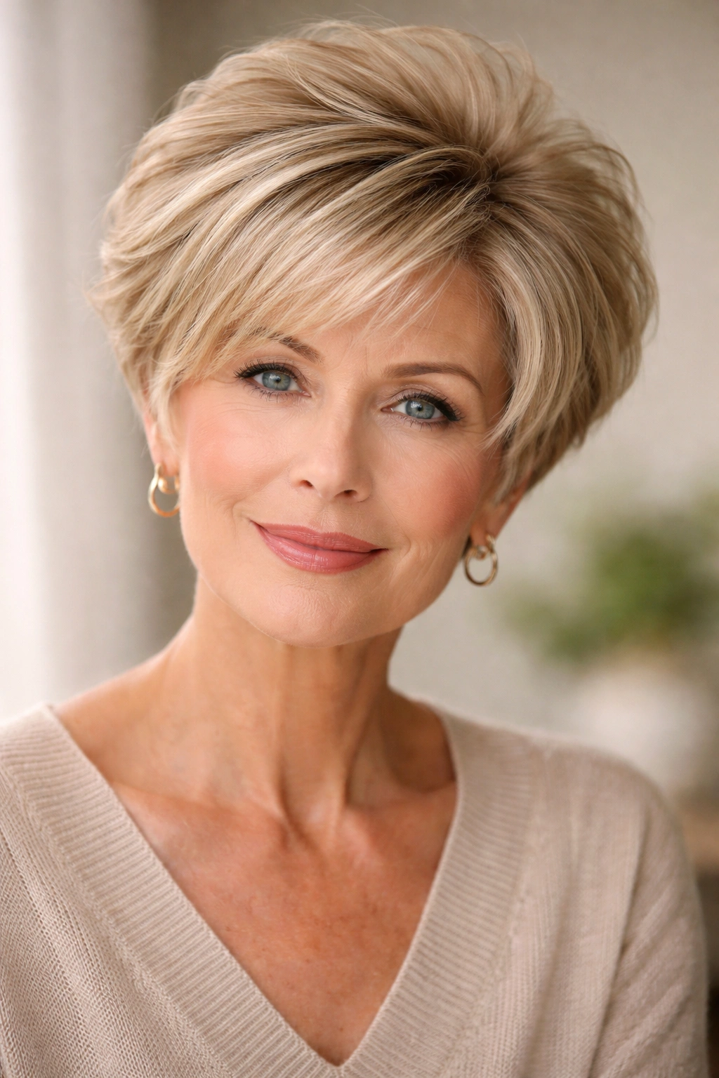Pixie bob with crown volume on older woman