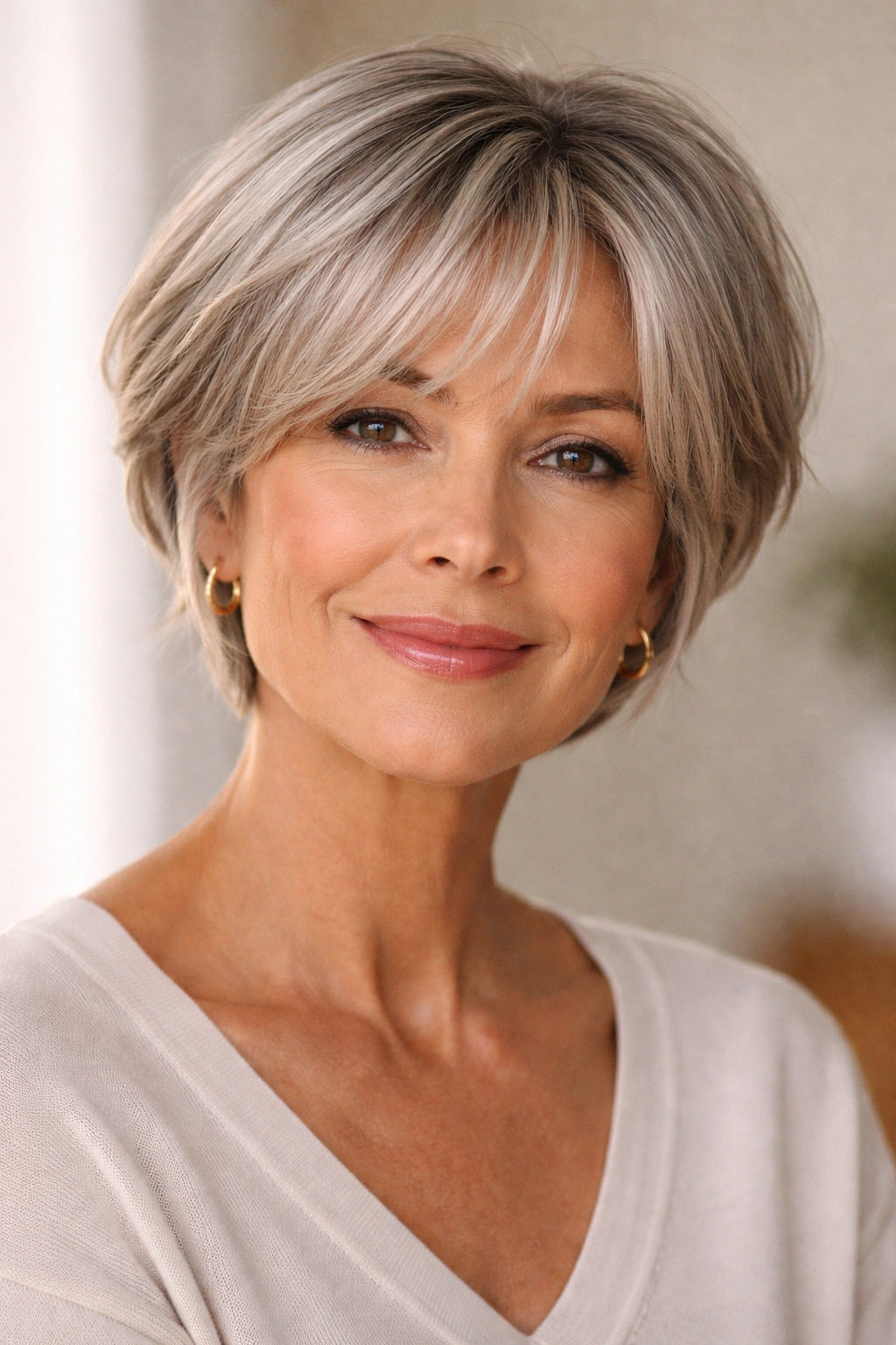 Older woman with curtain bangs on a pixie bob portrait