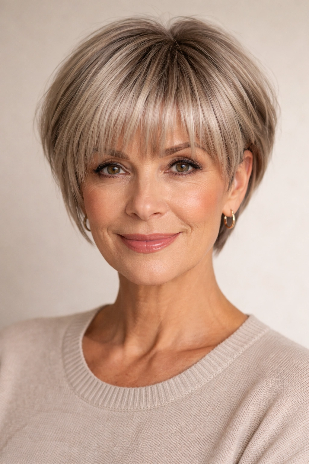 Portrait of an older woman with a pixie bob and full fringe