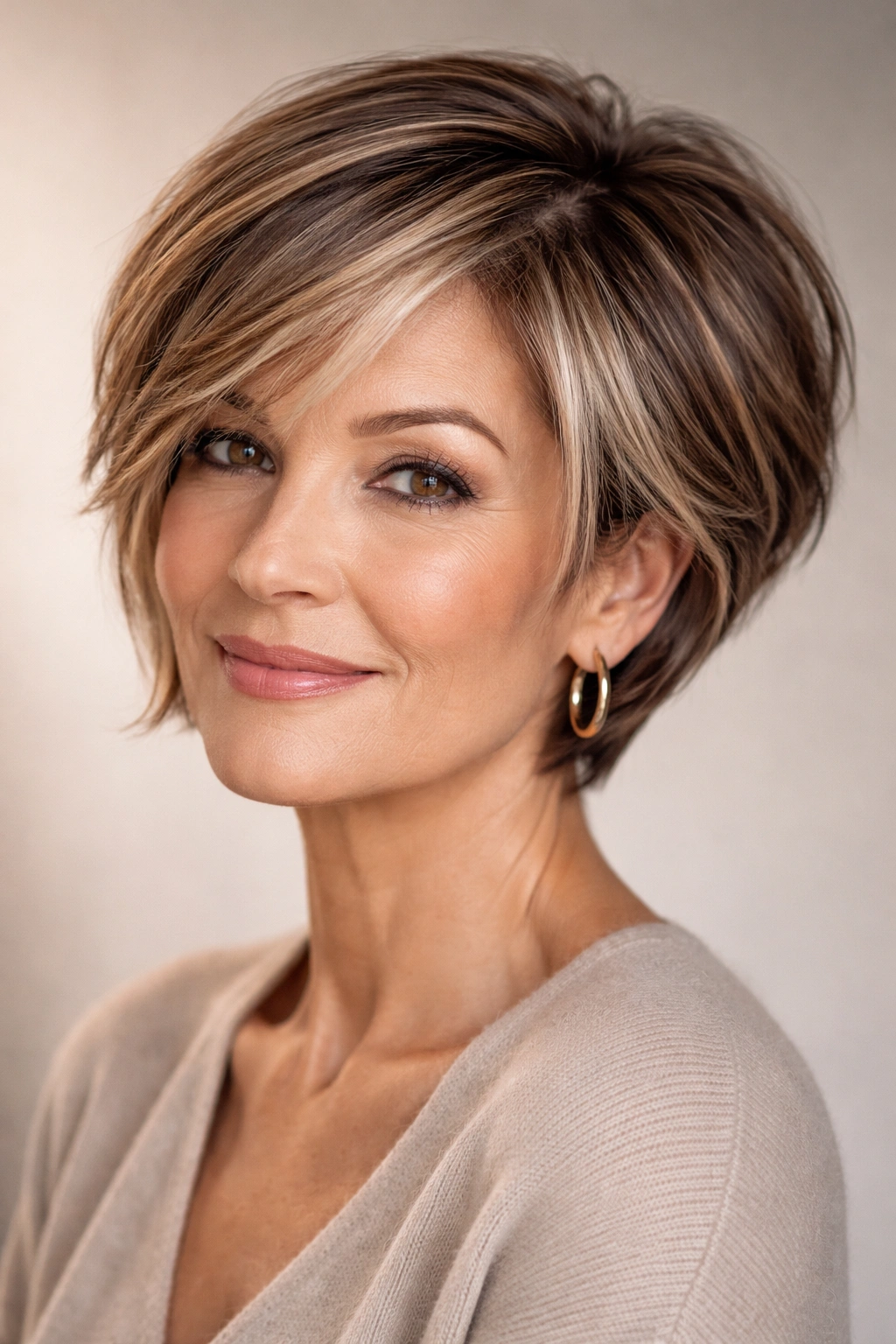 Close-up of an older woman with a short pixie bob and face-framing highlights