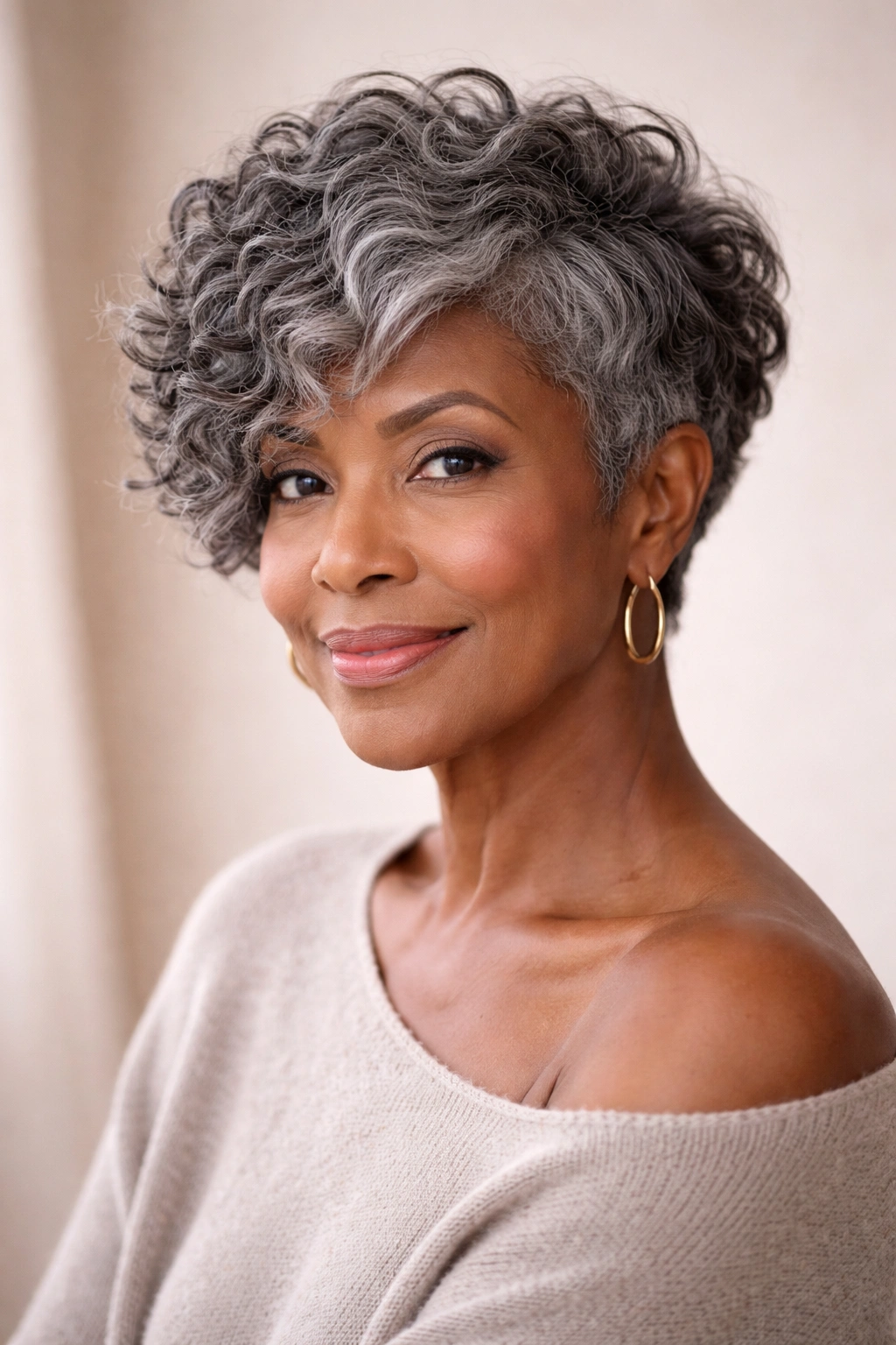 Older Black woman wearing pixie bob for natural hair with silver coils