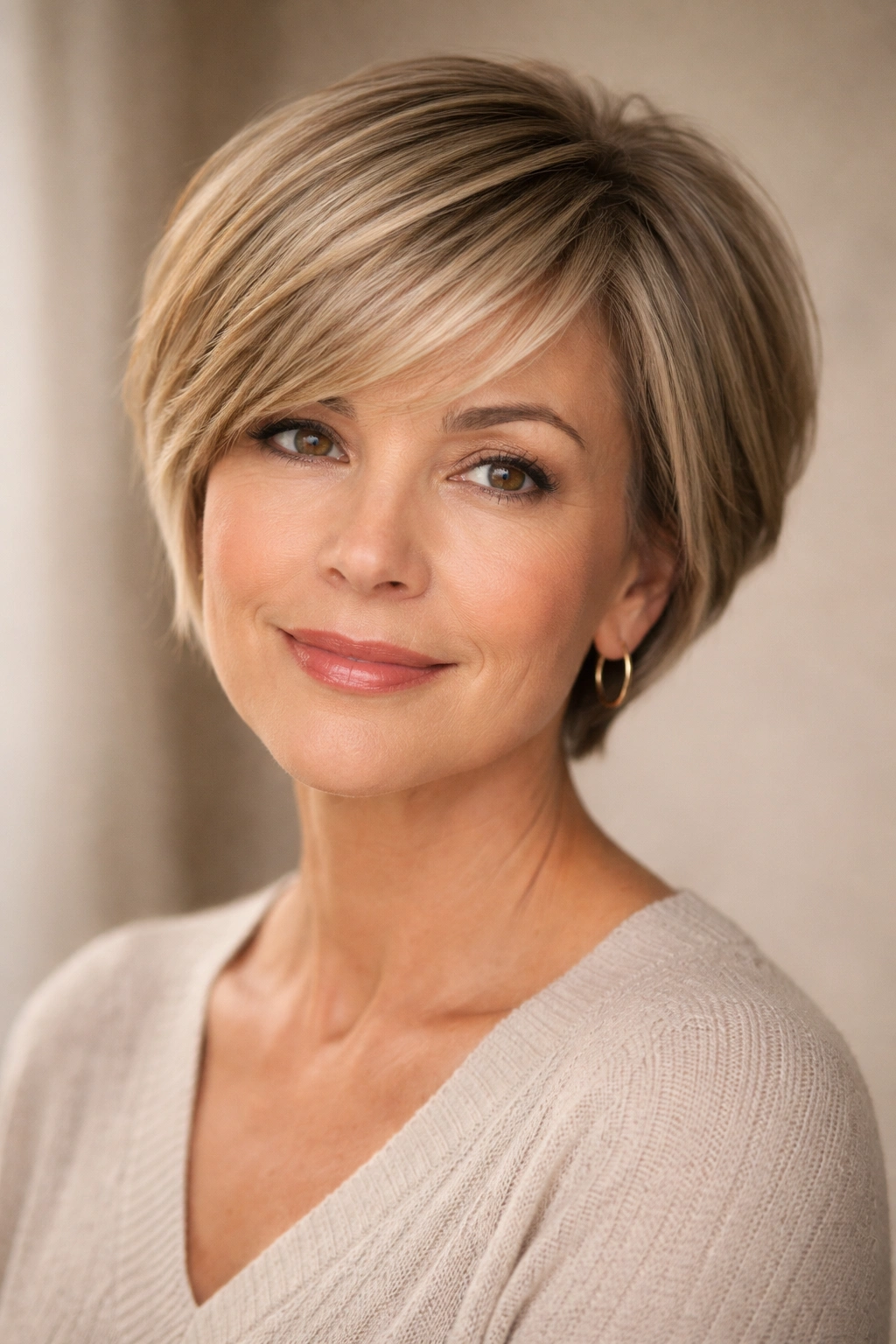 Portrait of older woman with pixie bob and side-swept bangs