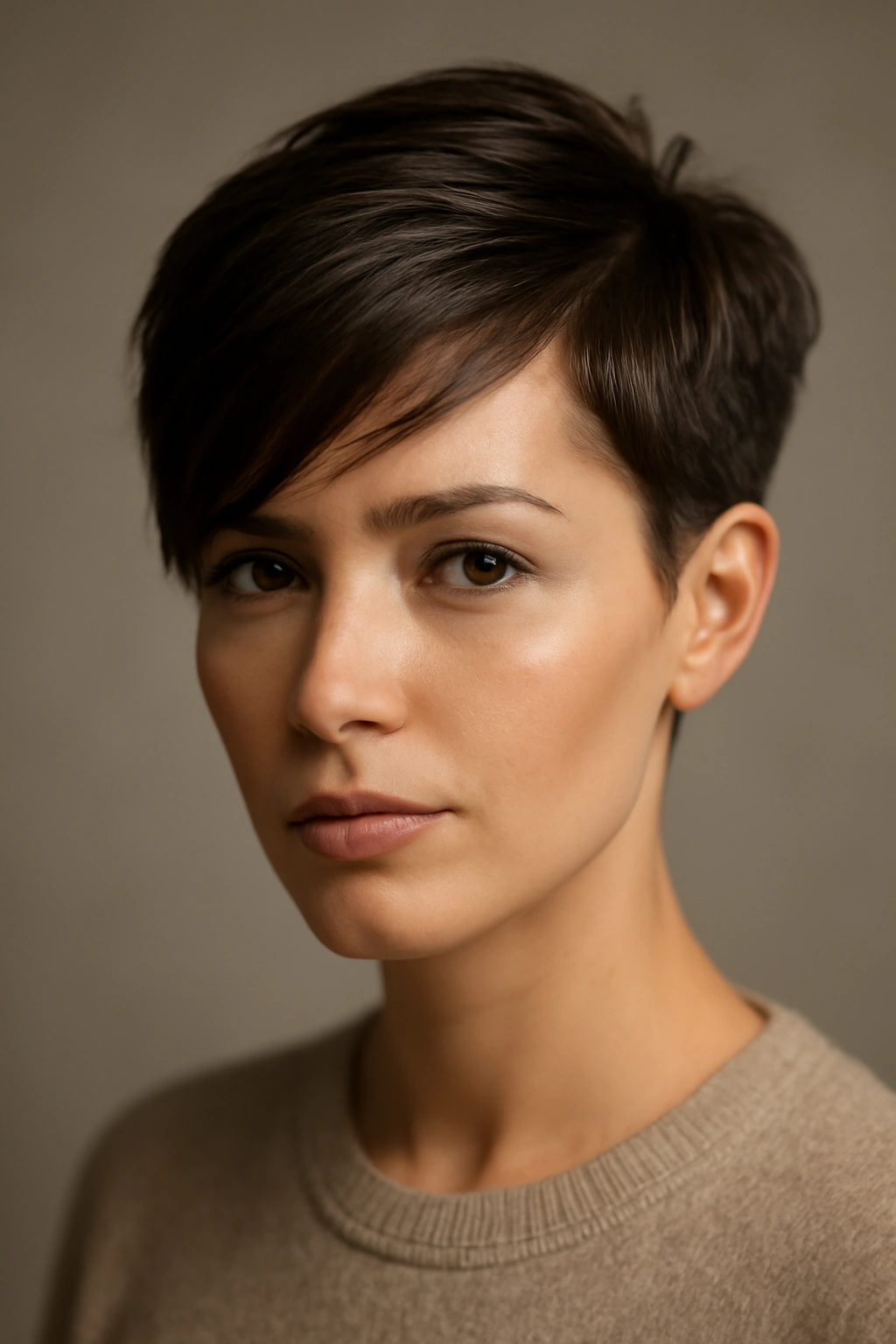 Close-up of a pixie cut with a side-swept front covering part of the forehead
