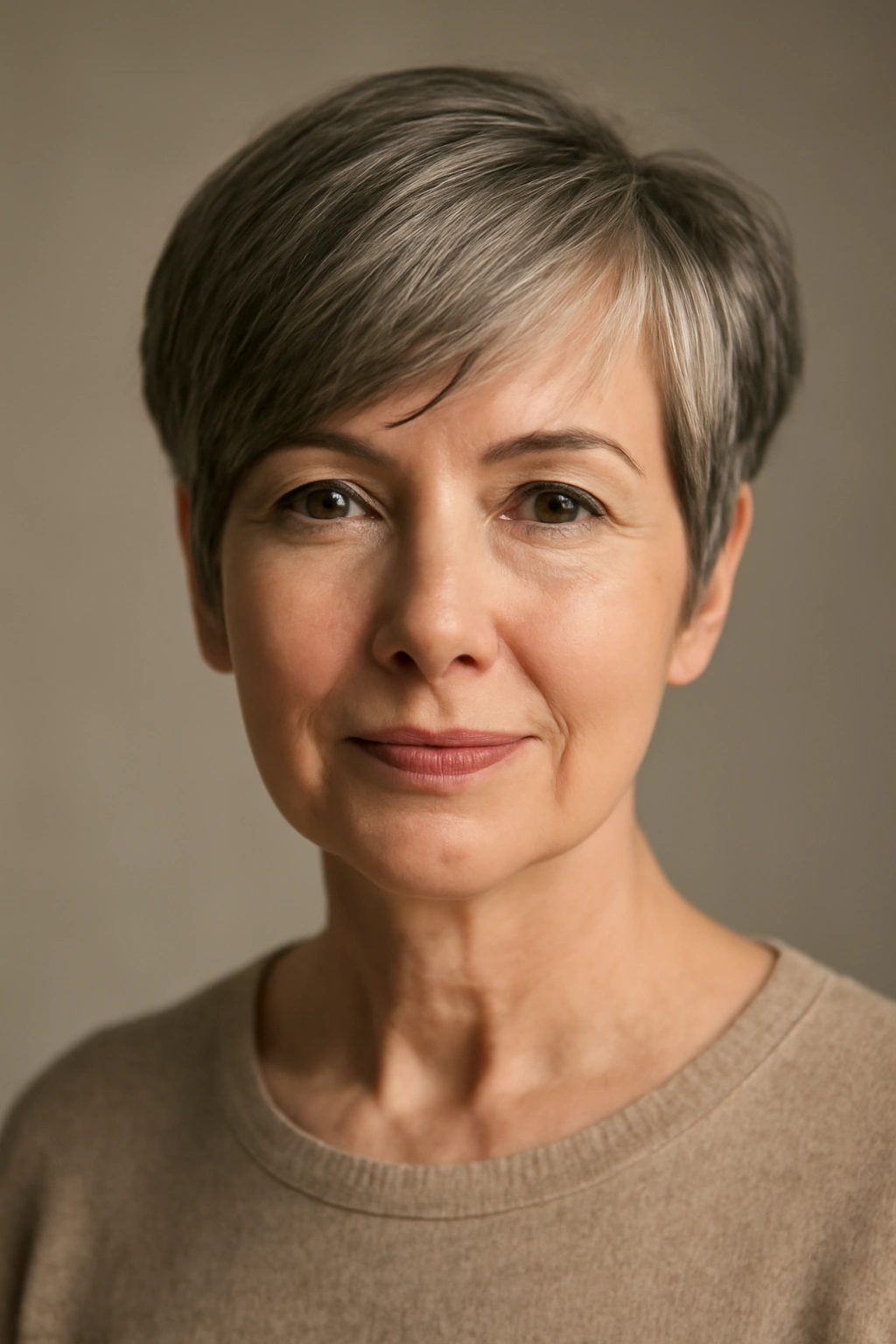 Portrait of a mature woman with a pixie cut and side-swept bangs against a neutral backdrop