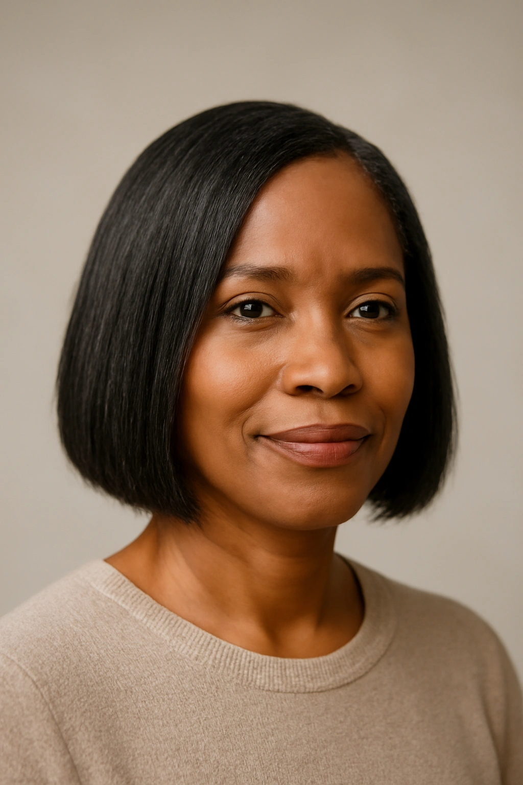 Close-up portrait of an older Black woman with a sleek relaxed bob.
