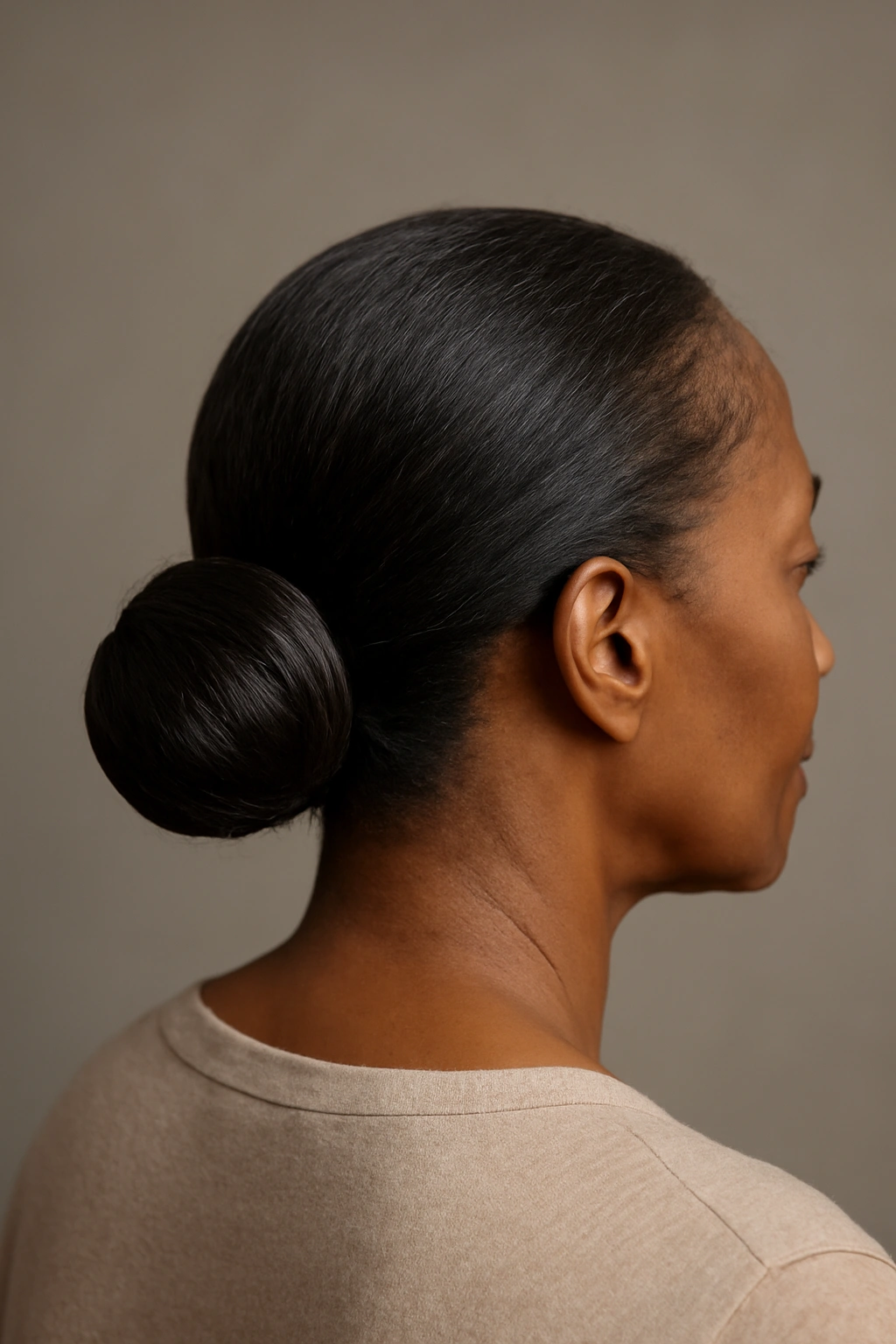 Polished low chignon at the nape of the neck on relaxed hair
