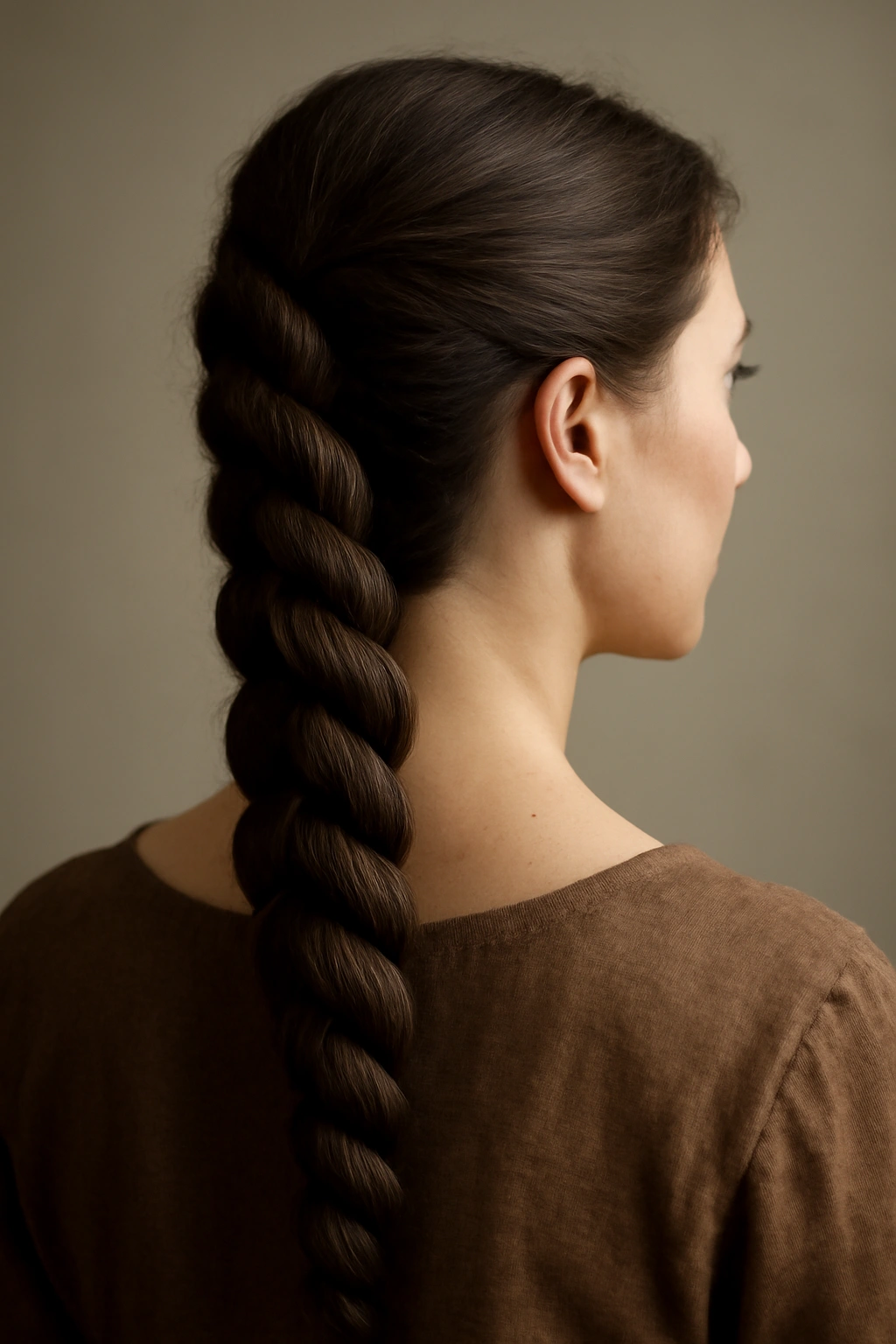 Close-up of a thick rope-like braid down the back of a woman's head